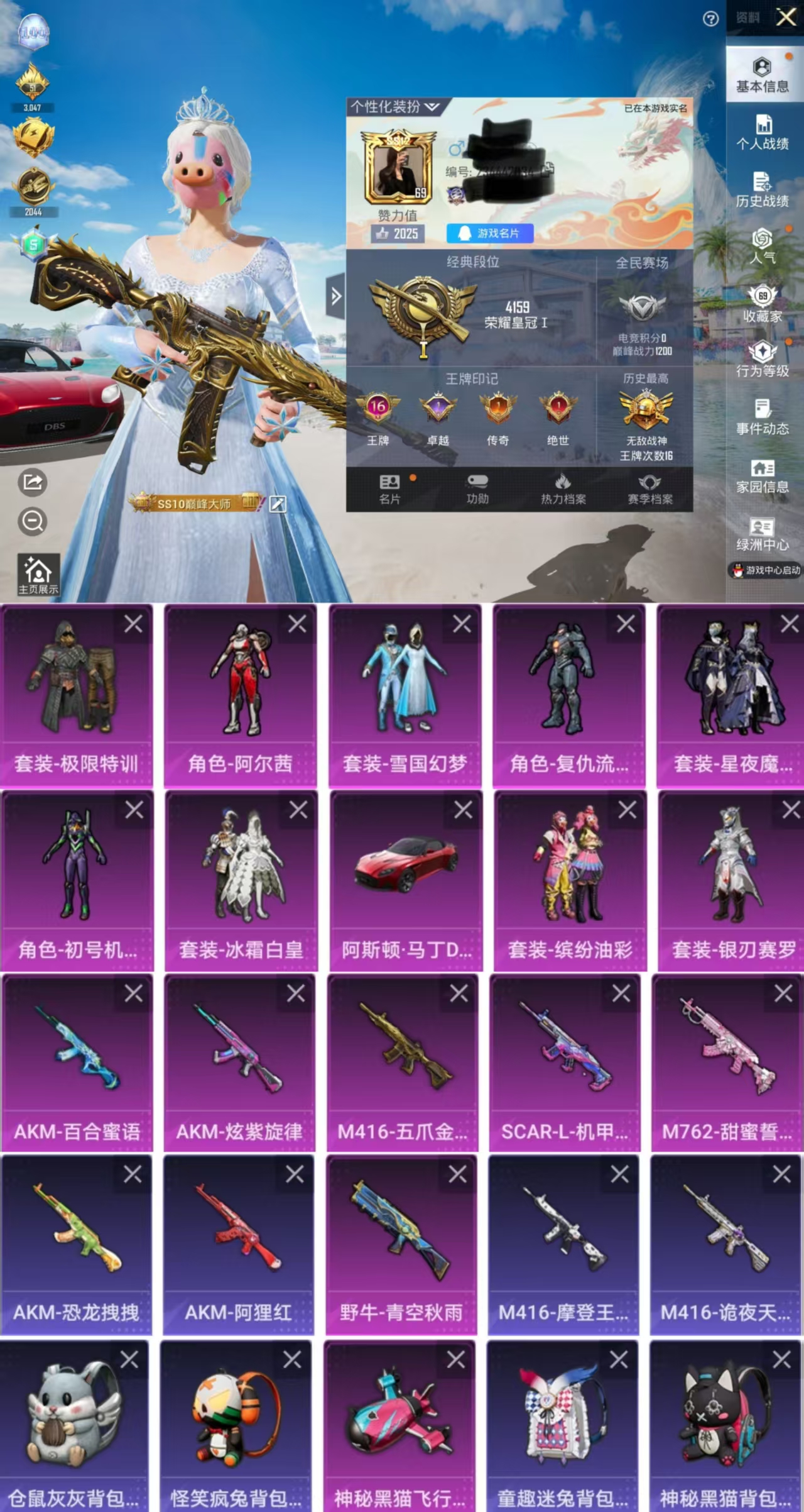 和平精英账号苹果QQDYH17252【无敌战神框16印记❤1载具9粉6特 紫螳螂 雪国幻梦 巡查衣 奇异 猪脸 极限特训