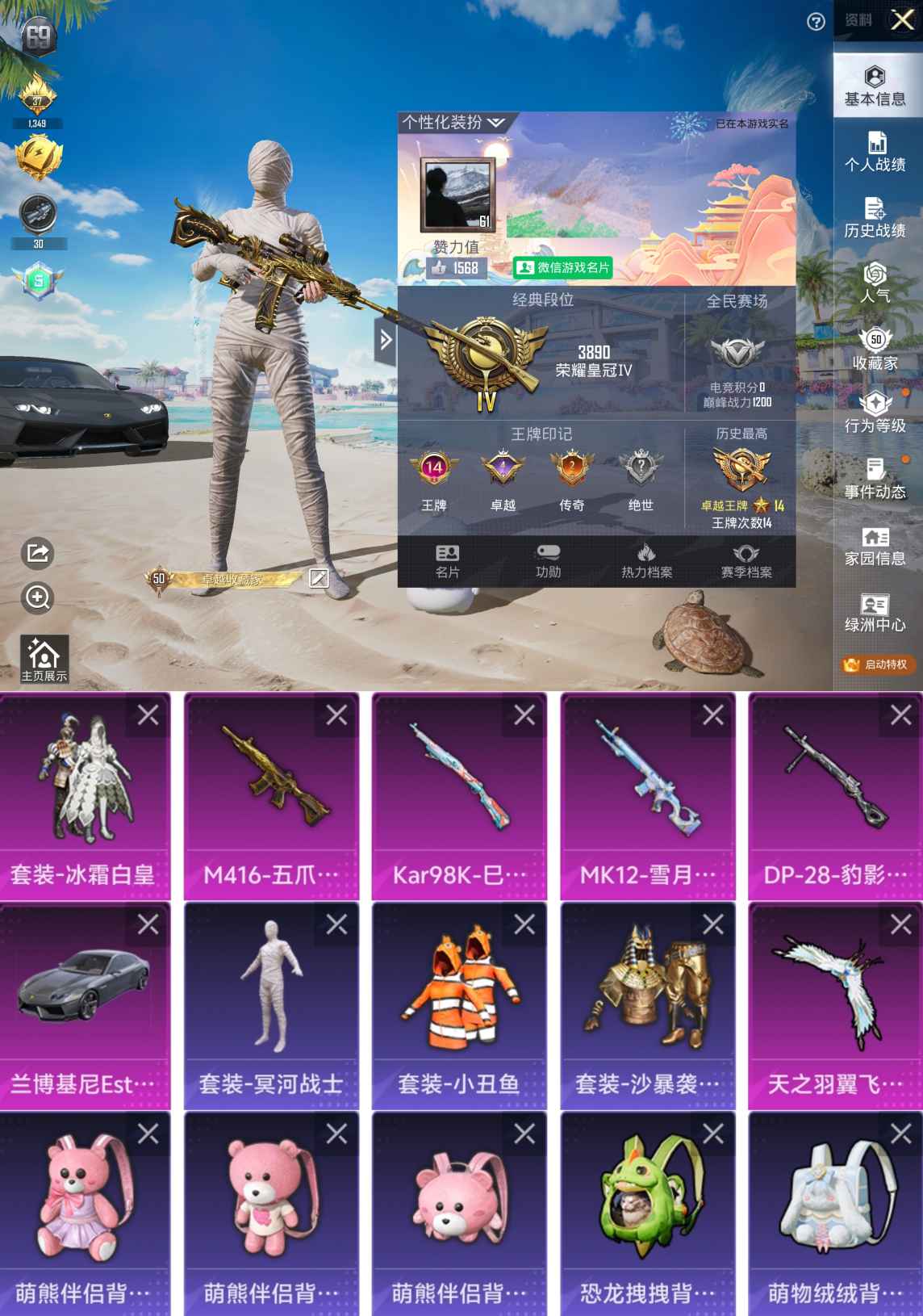 和平精英账号苹果微信1载具-90套装-129枪皮-XS796【身法号1载具1粉装4特效枪 木乃伊 萌熊伴侣背包 激萌罗小