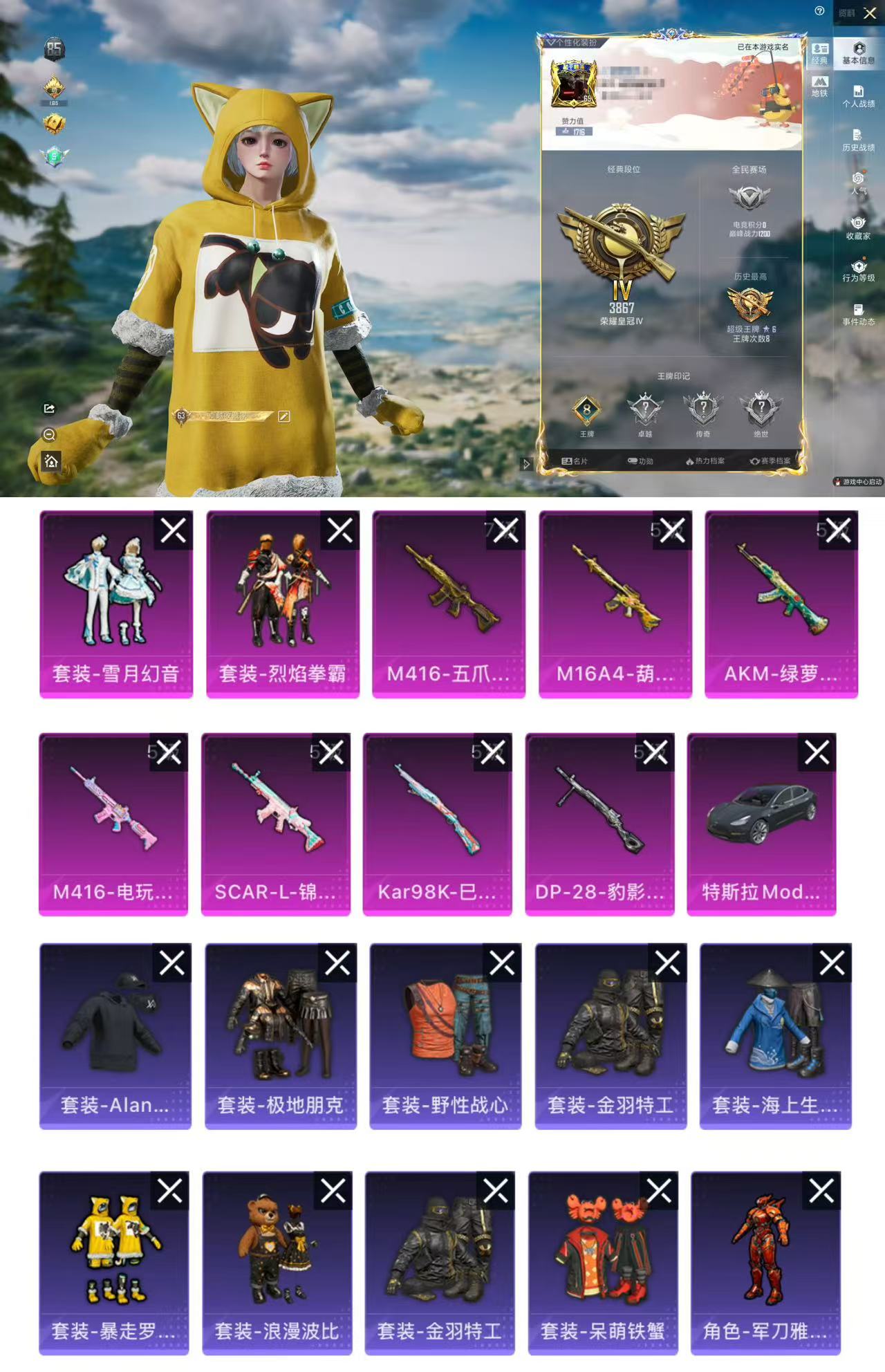 和平精英账号安卓QQDYH17699+【2粉6特1车 满级五爪 浪漫波比 斗笠 金羽特工】安卓Q-1载具2粉装7特效枪1