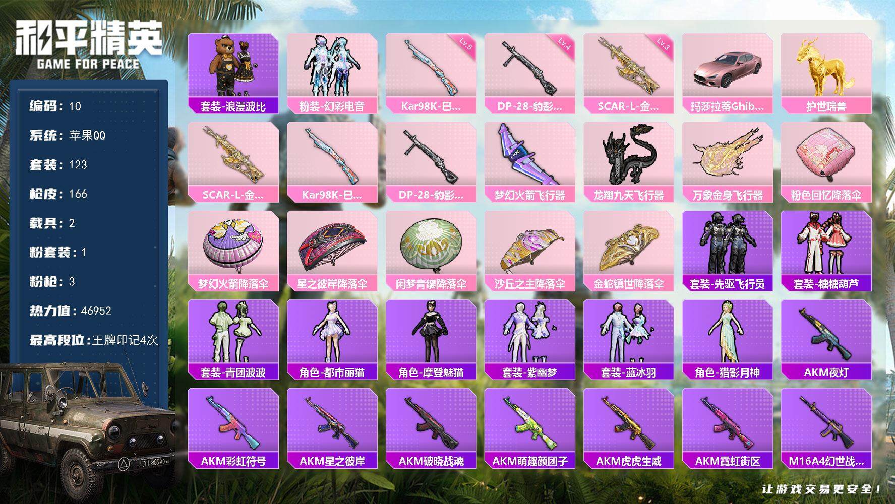 和平精英账号苹果QQXS1096+ 苹果Q-2载具1粉装3特效枪5热门123套装166枪皮 46952热力值 4印记 历