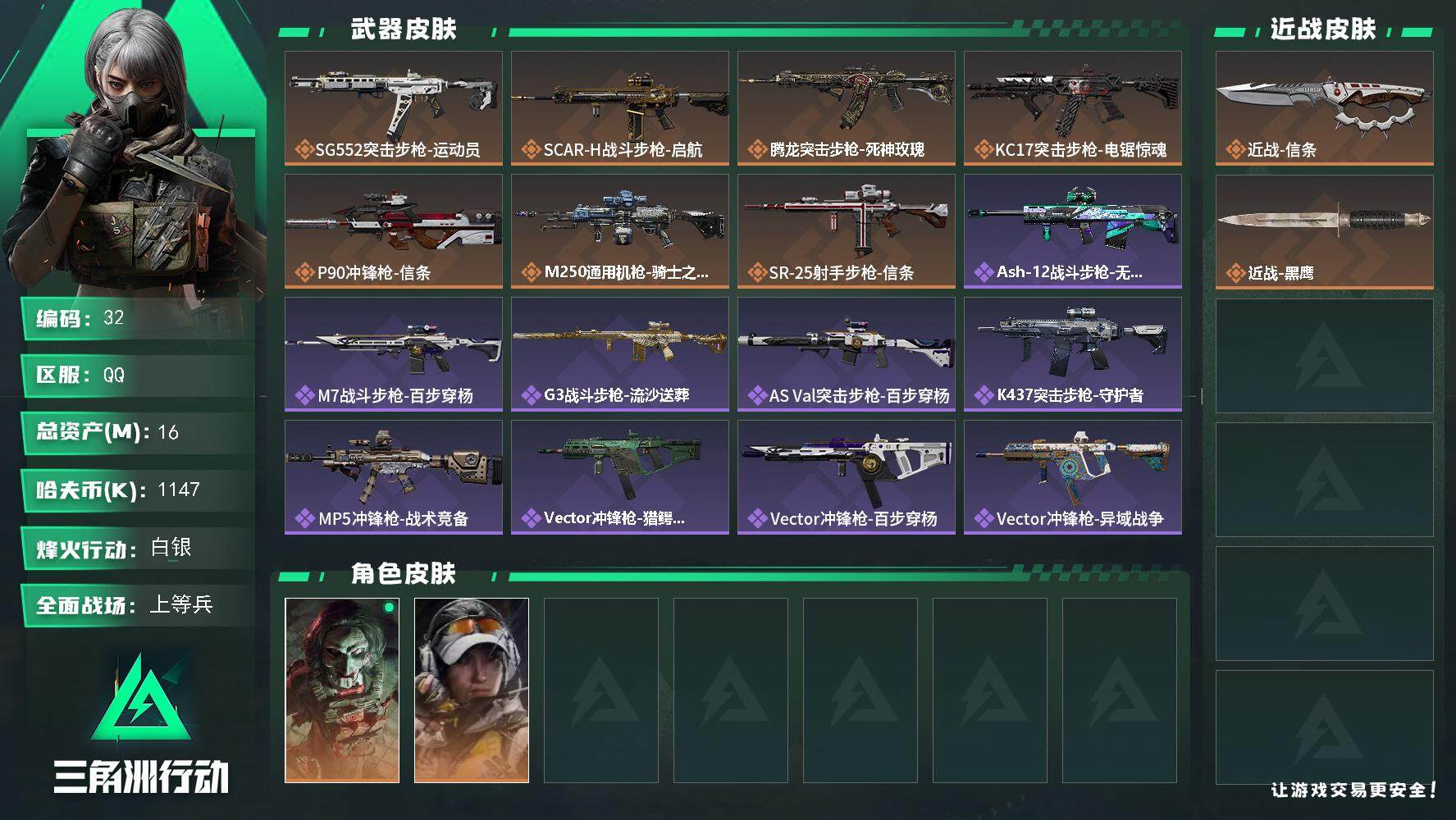 三角洲行动账号QQXXSJZ1697+三段互通Q-总价值16.3m-哈夫币1147k-烽火地带等级60-烽火地带段位白