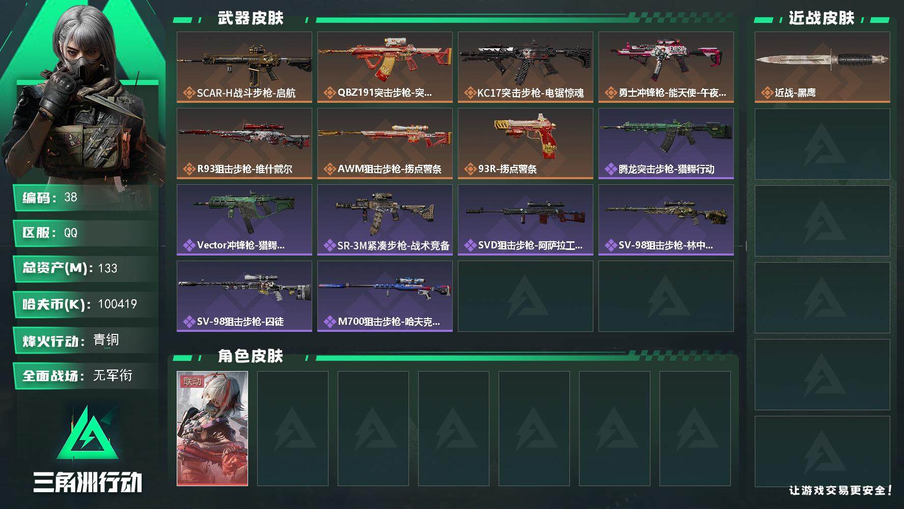 三角洲行动账号QQXXSJZ1702+三段互通Q-总价值133M-哈夫币100M-烽火地带等级60-烽火地带段位 【干