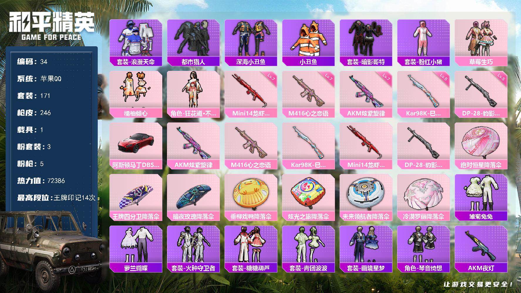 和平精英账号苹果QQ1载具-171套装-246枪皮-XS1114【1载具3粉装5特效 都市猎人 深海小丑鱼 暗影哥特 浪