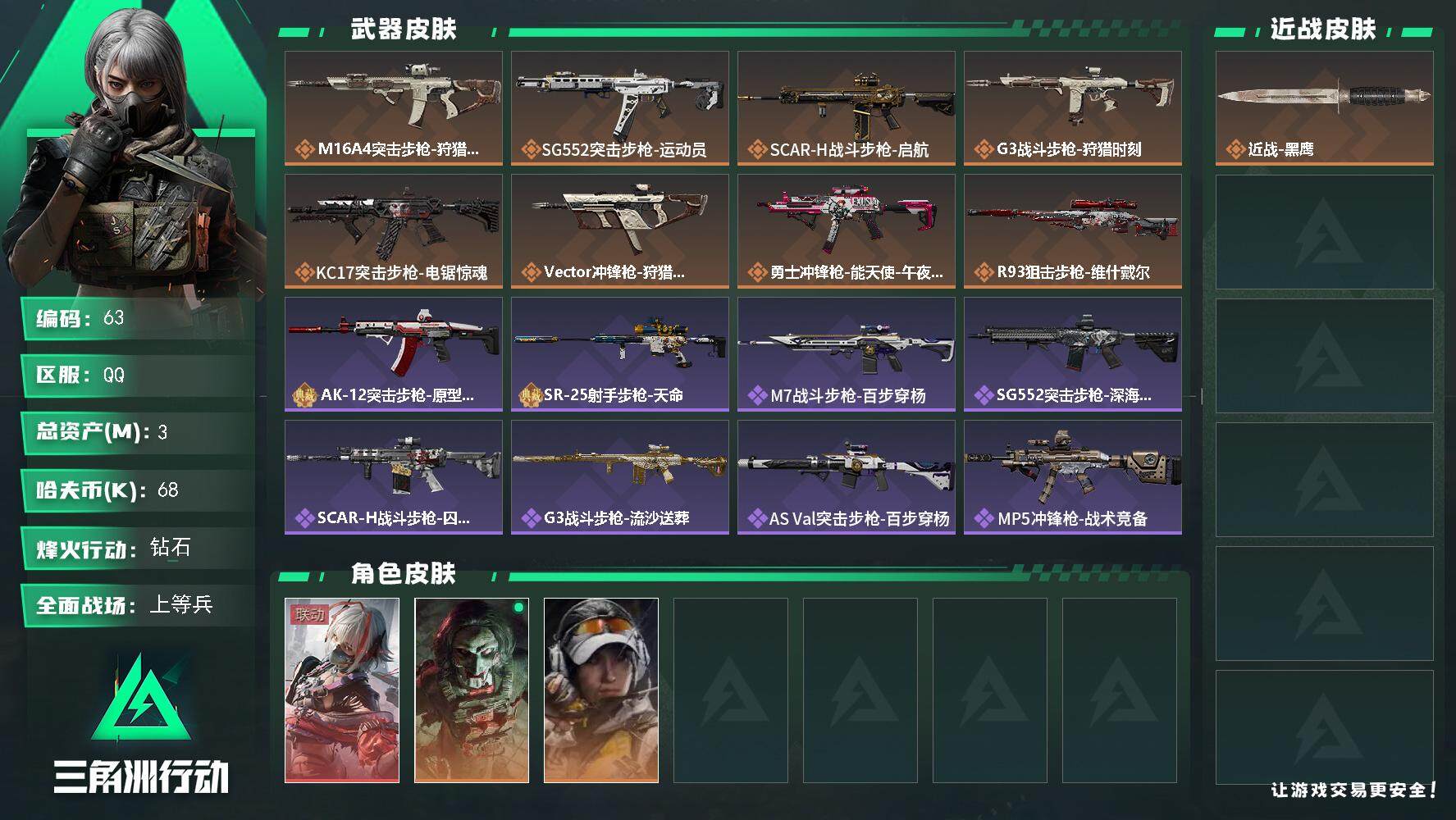 三角洲行动账号QQ3干员皮肤】三端互通-总价值3.75M-哈夫币68k-烽火地带等级60-