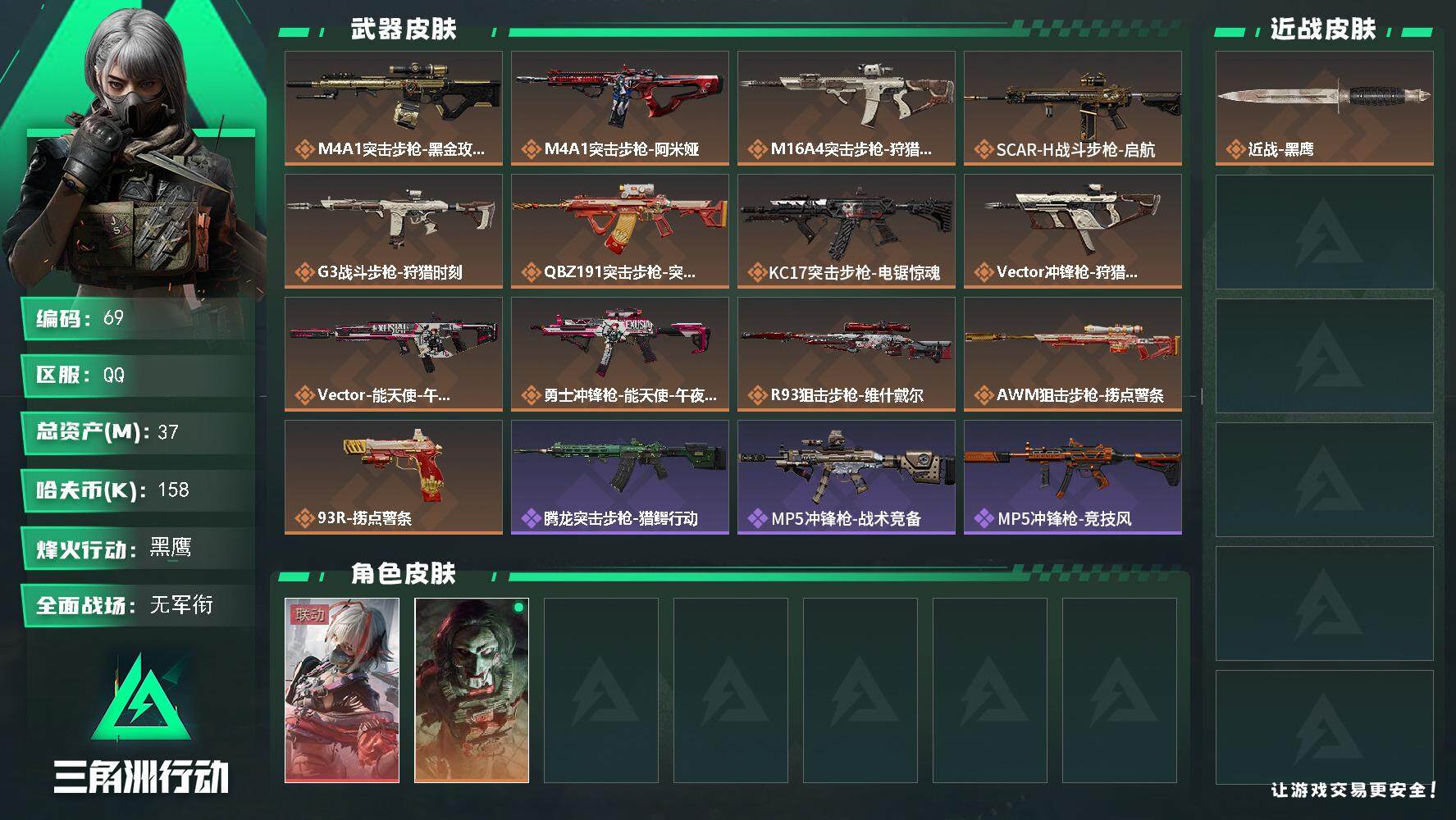 三角洲行动账号QQXXSJZ1766【总资产(M)】37【哈夫币】158k【行动等级】60【烽火地带段位】黑鹰【干员皮