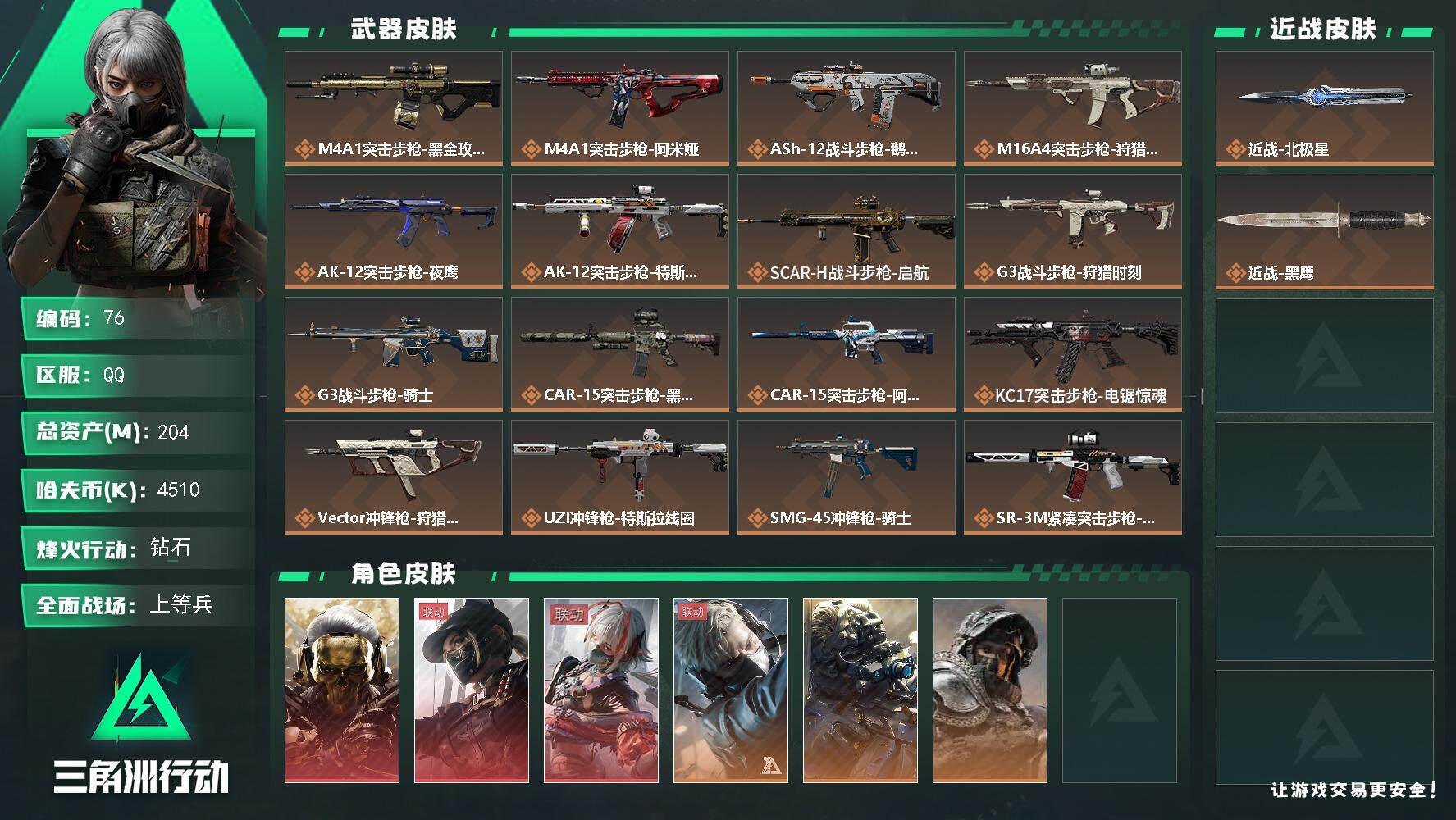三角洲行动账号QQXXSJZ1746【仓库价值204M  哈夫币4510K 干员皮肤6 红狼 蚀金玫瑰 露娜 黑天际线