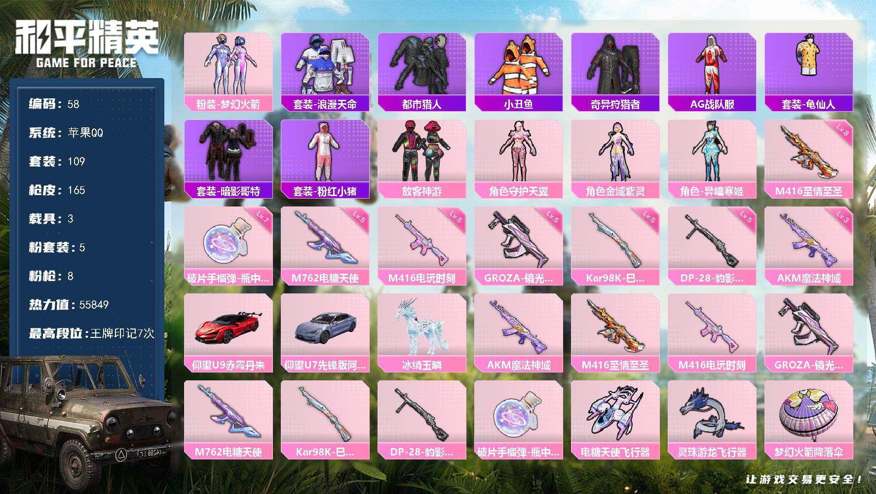 和平精英账号苹果QQXS1119+【男神号3载具5粉装8特效 梦幻火箭 都市猎人 暗影哥特 放客神游 至情至圣(八级)冰