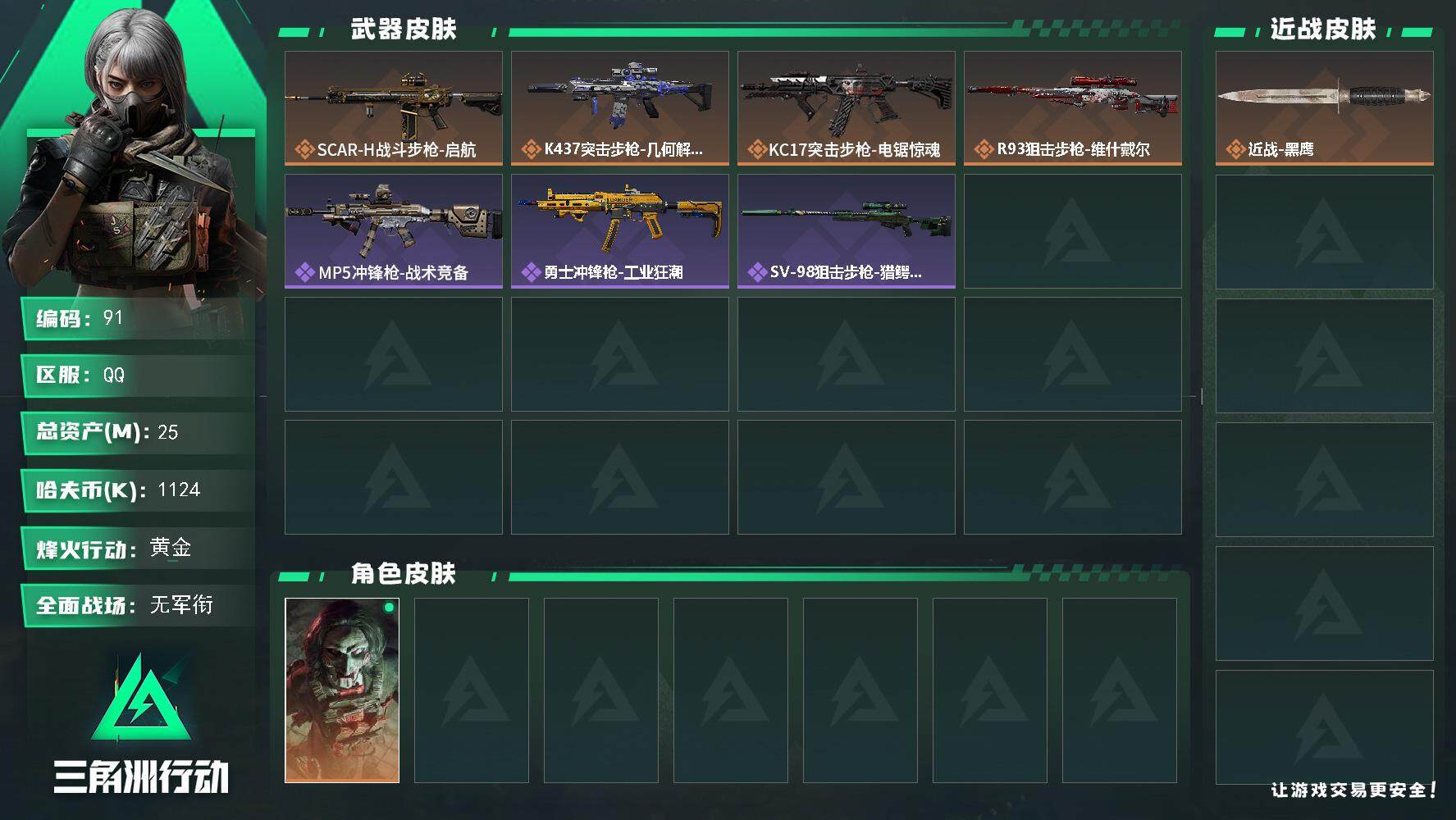 三角洲行动账号QQXXSJZ1763三端互通-总价值26M-哈夫币1124k-烽火地带等级46-烽火地带段位黄金【干员