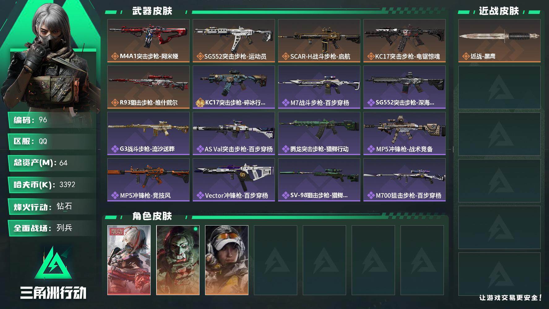 三角洲行动账号QQXXSJZ1771【仓库价值64.2M  哈夫币3392K 干员外观  红狼-电锯惊魂 露娜-金牌射