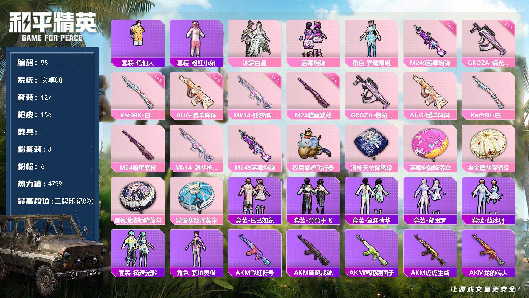 和平精英账号安卓QQ0载具-127套装-156枪皮-XS1136+ 安卓Q-3粉装6特效枪8热门127套装156枪皮 4