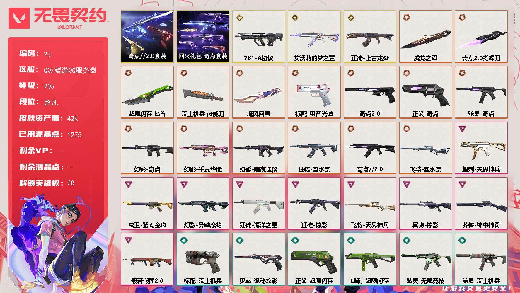 无畏契约账号QQXSQY40【游戏等级】Lv205  【段位】 未定级 【R点】1,275 【皮肤总价值】42,92