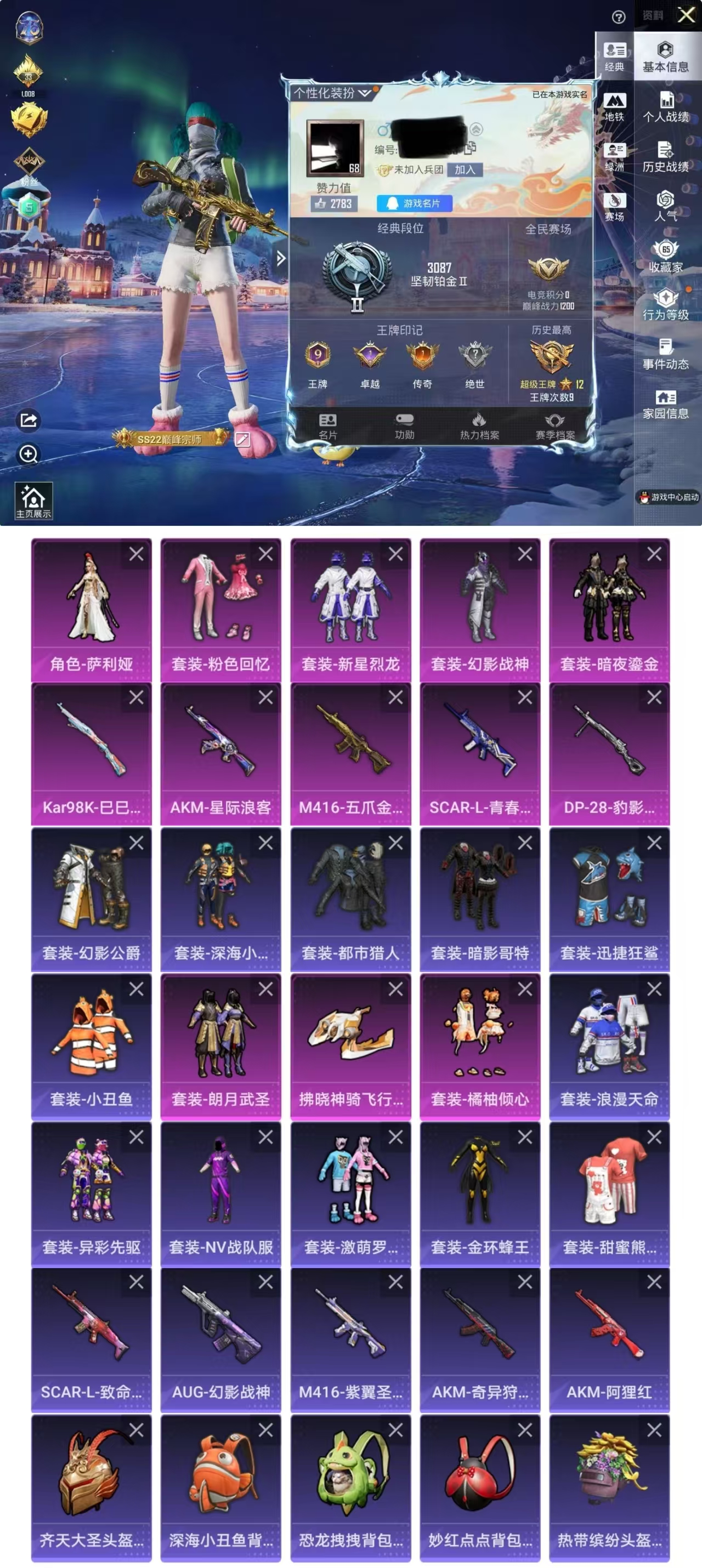 和平精英账号苹果QQDYH17838【身法号】苹果Q-3稀有7粉装5特效枪18热门154套装194枪皮 67416热力值