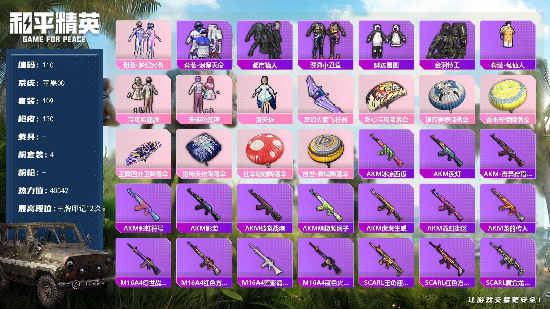 和平精英账号苹果QQ0载具-109套装-130枪皮-XS1145+【4粉装 洛天依 宝贝奶油 天使彩虹糖 梦幻火箭 深海