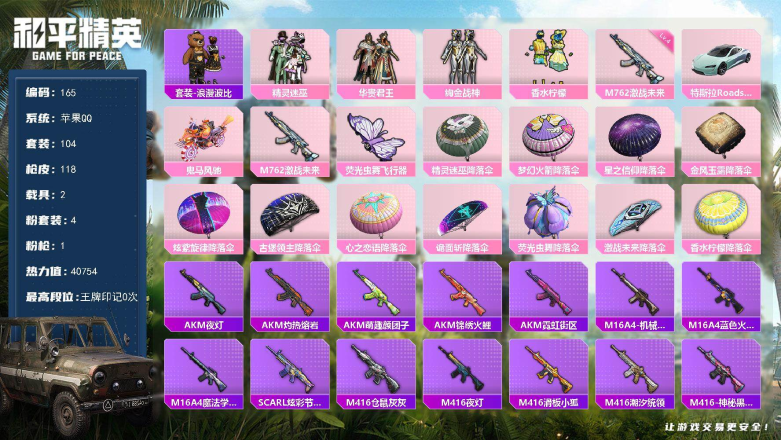 和平精英账号苹果QQ2载具-104套装-118枪皮-XS11329苹果Q-4粉装-1特效枪-118枪皮-104套装-2载