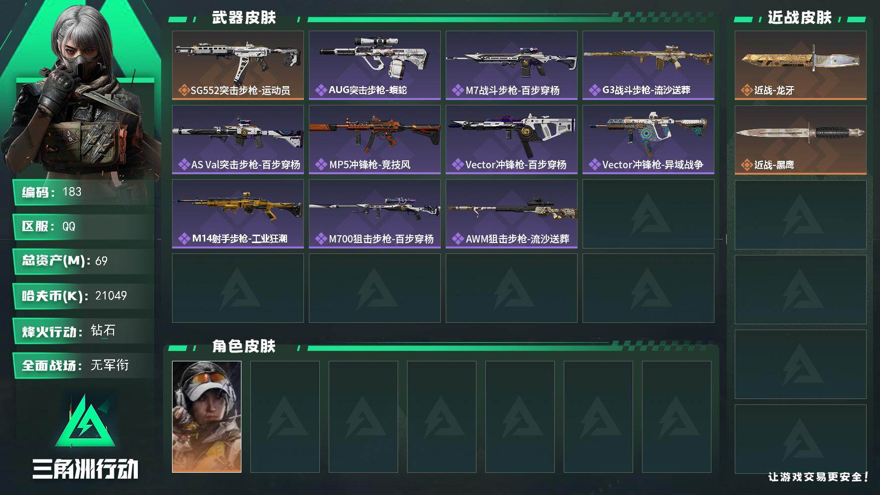 三角洲行动账号QQXXSJZ1877【龙牙】三端互通-总价值69.6M-哈夫币21049k-烽火地带等级60-烽火地带