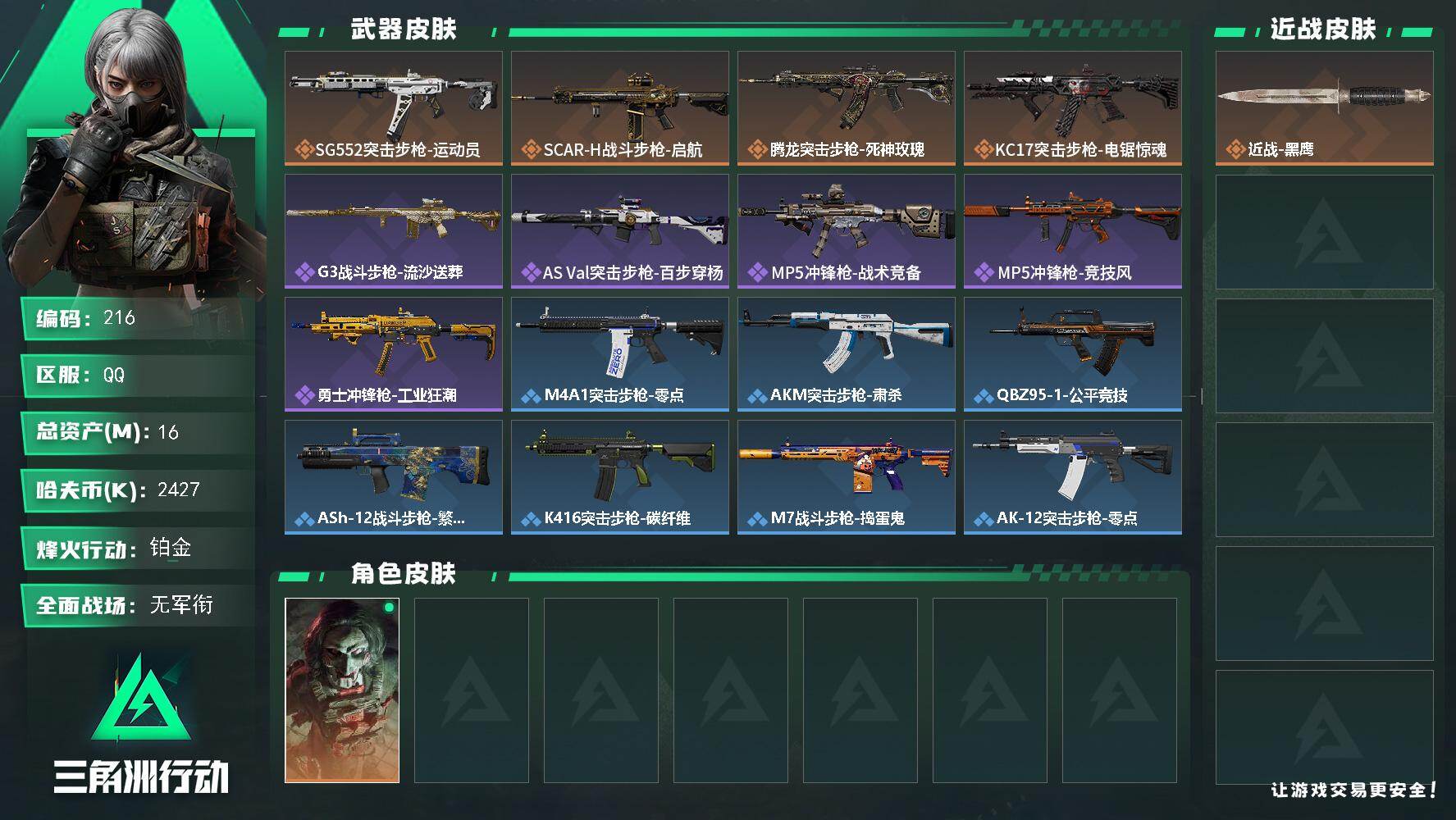 三角洲行动账号QQXXSJZ1910三端互通-总价值16.15M-哈夫币2,427.69-烽火地带等级52-烽火地带段