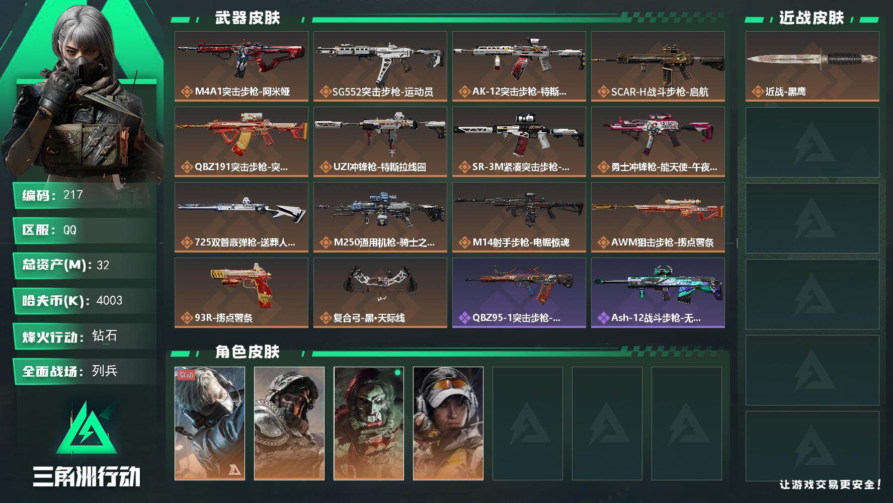 三角洲行动账号QQXXSJZ1912三端互通-总价值32.7M-哈夫币4003k-烽火地带等级60-烽火地带【干员皮肤