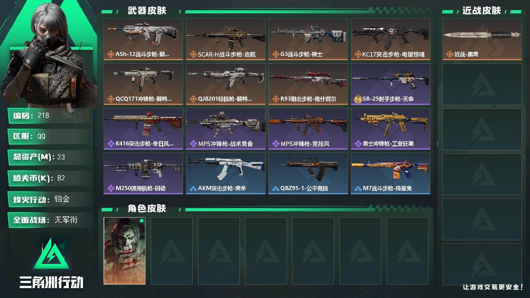 三角洲行动账号QQXXSJZ1913三端互通-总价值23.8M-哈夫币82k-烽火地带等级58-烽火地带【干员皮肤】红