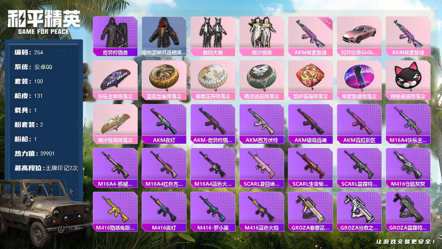 和平精英账号安卓QQXS11411【素材号1载具-2粉装-1特效枪 奇异狩猎者,AKM-奇异狩猎者,M416-罗小黑】安