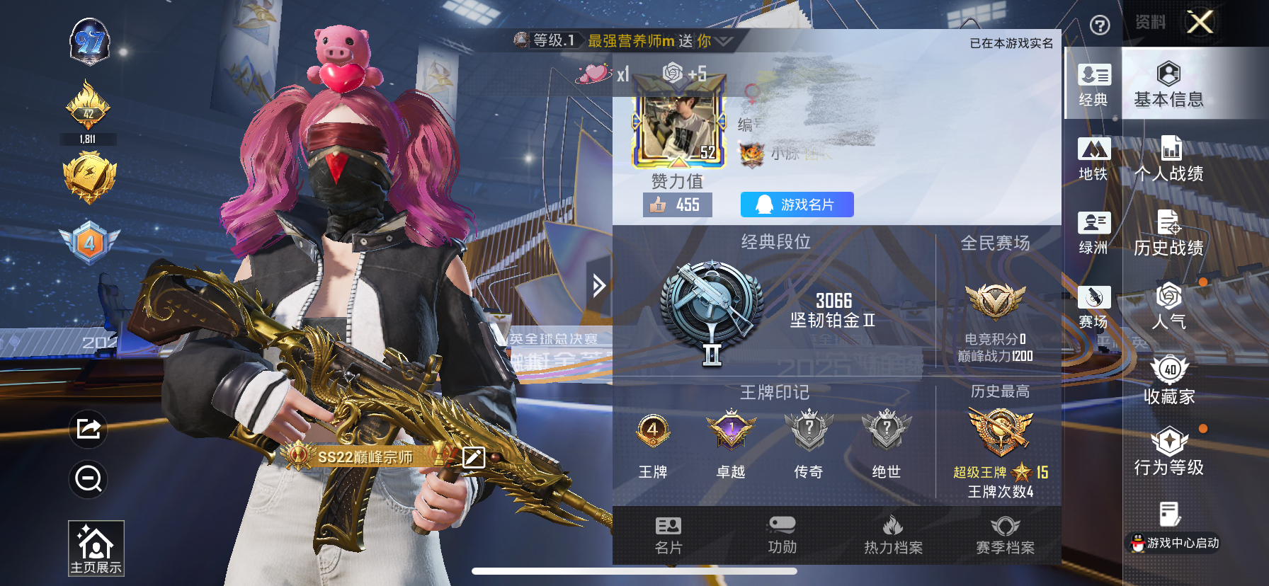 和平精英账号苹果QQDSH2080【公主号 猪脸 红眼罩 金靴子 胖达 激萌罗小黑】苹果Q-3稀有2粉装5特效枪9热门7