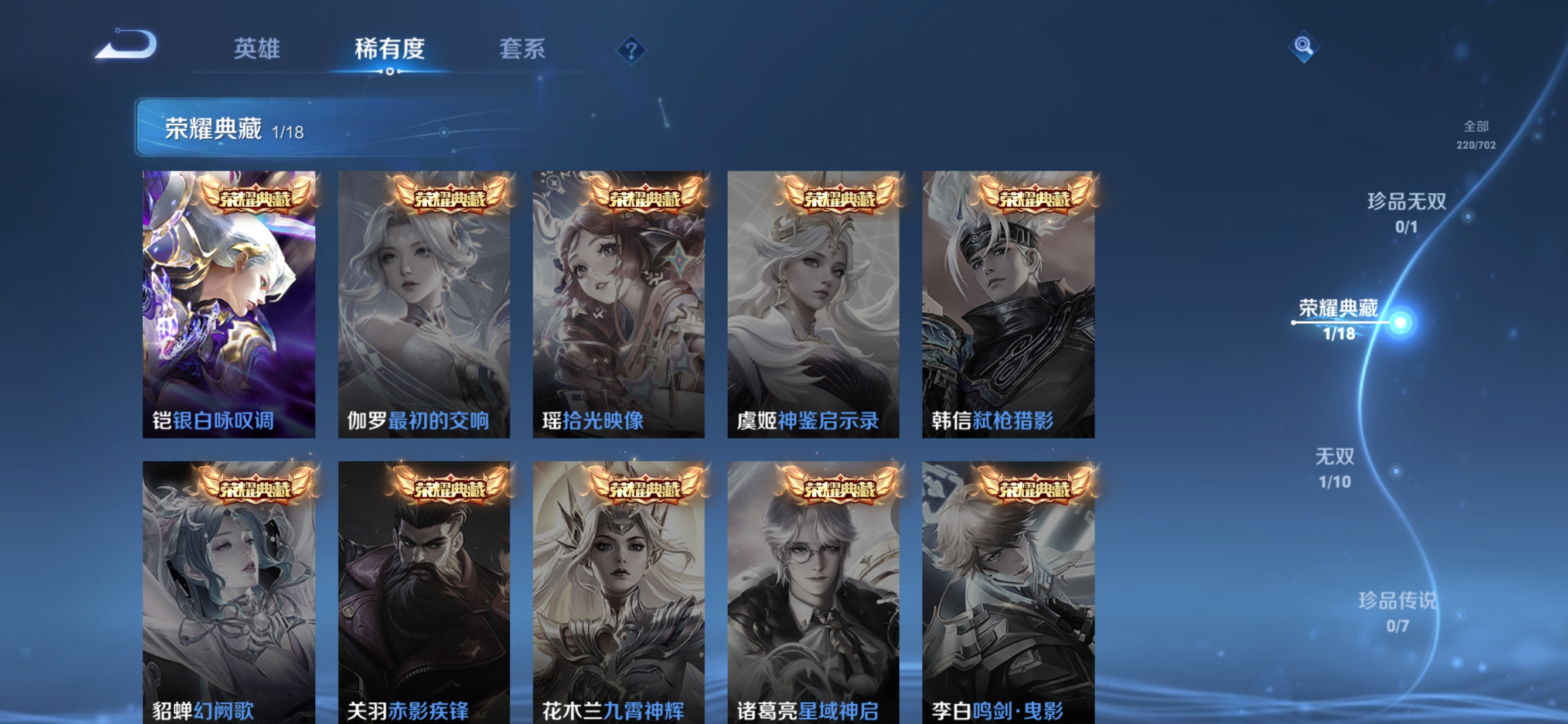 MWZ100679【女号1无双2典藏6传说1星元V8】安卓Q-220皮肤-125英雄  【无双皮肤】 神器·明辉仪  【典藏皮肤】 武则天 银白咏叹调  【传说皮肤】 燃星之曲 鸣野蒿 愿照·千秋盛