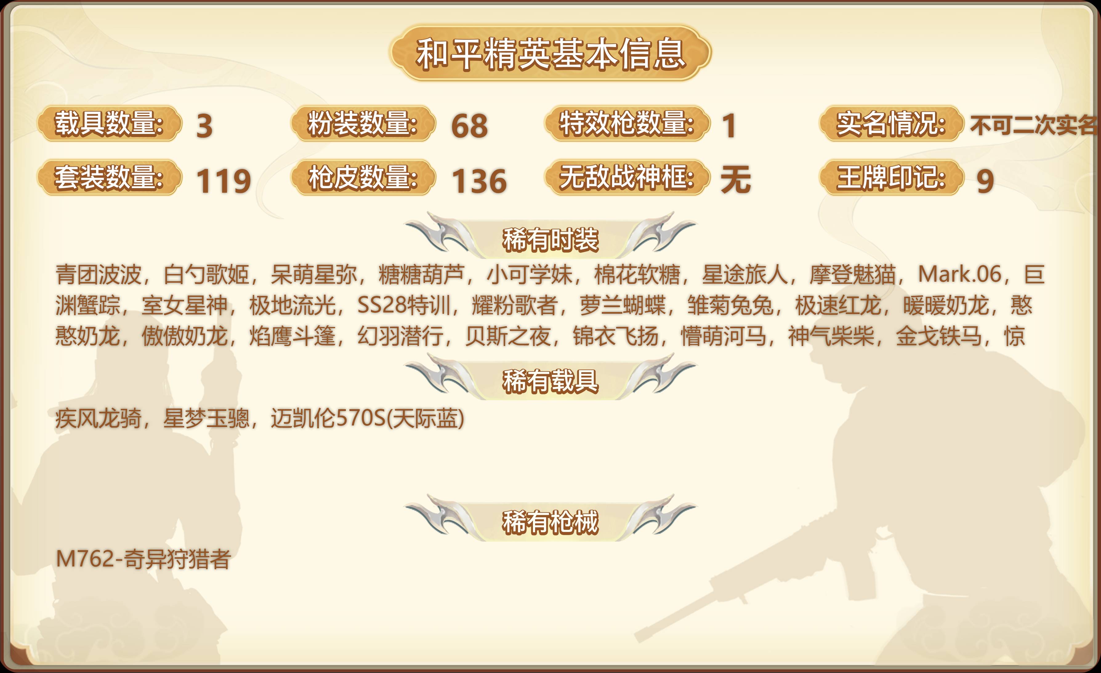 和平精英账号安卓微信信-9王牌印记-25粉装-10特效枪-7载具-65062热力值-119套装-136枪皮-3卓越印记-