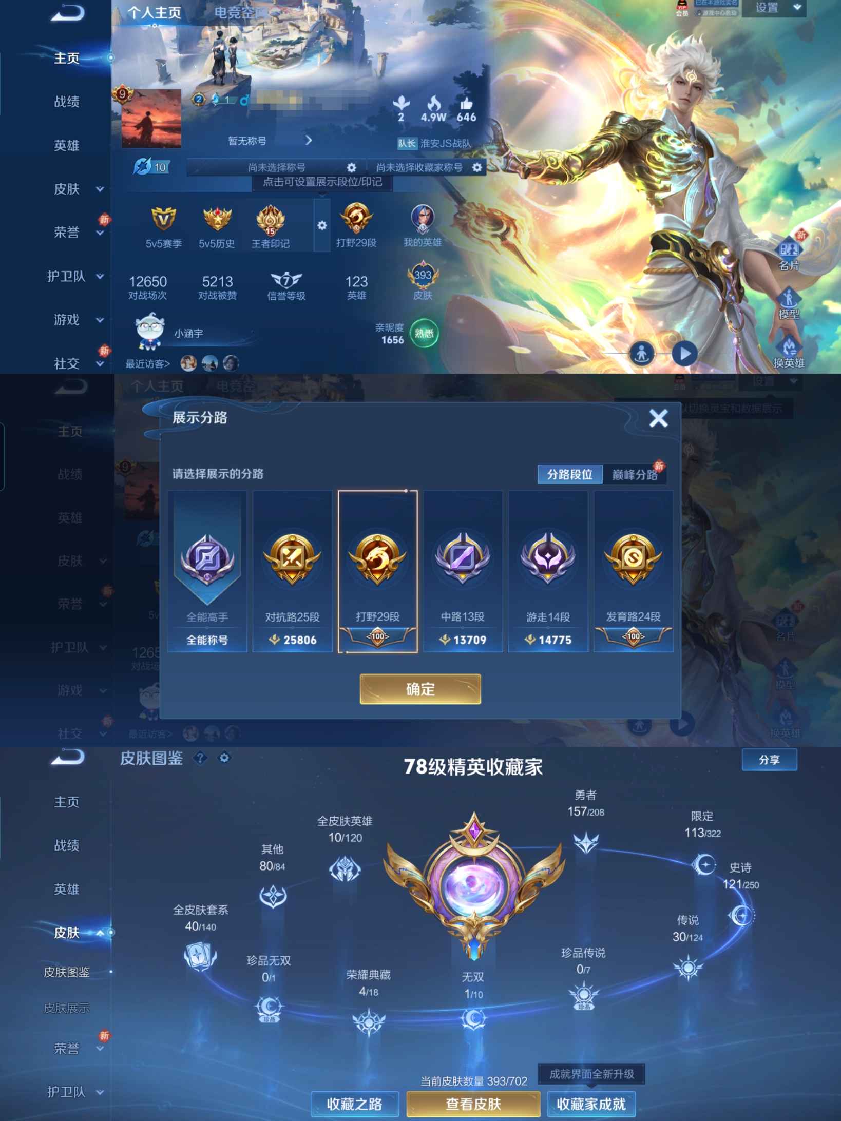 王者荣耀账号安卓QQMWZ100704【393皮肤1无双4典藏30传说3星元V9】安卓Q-393皮肤-123英雄 
【无