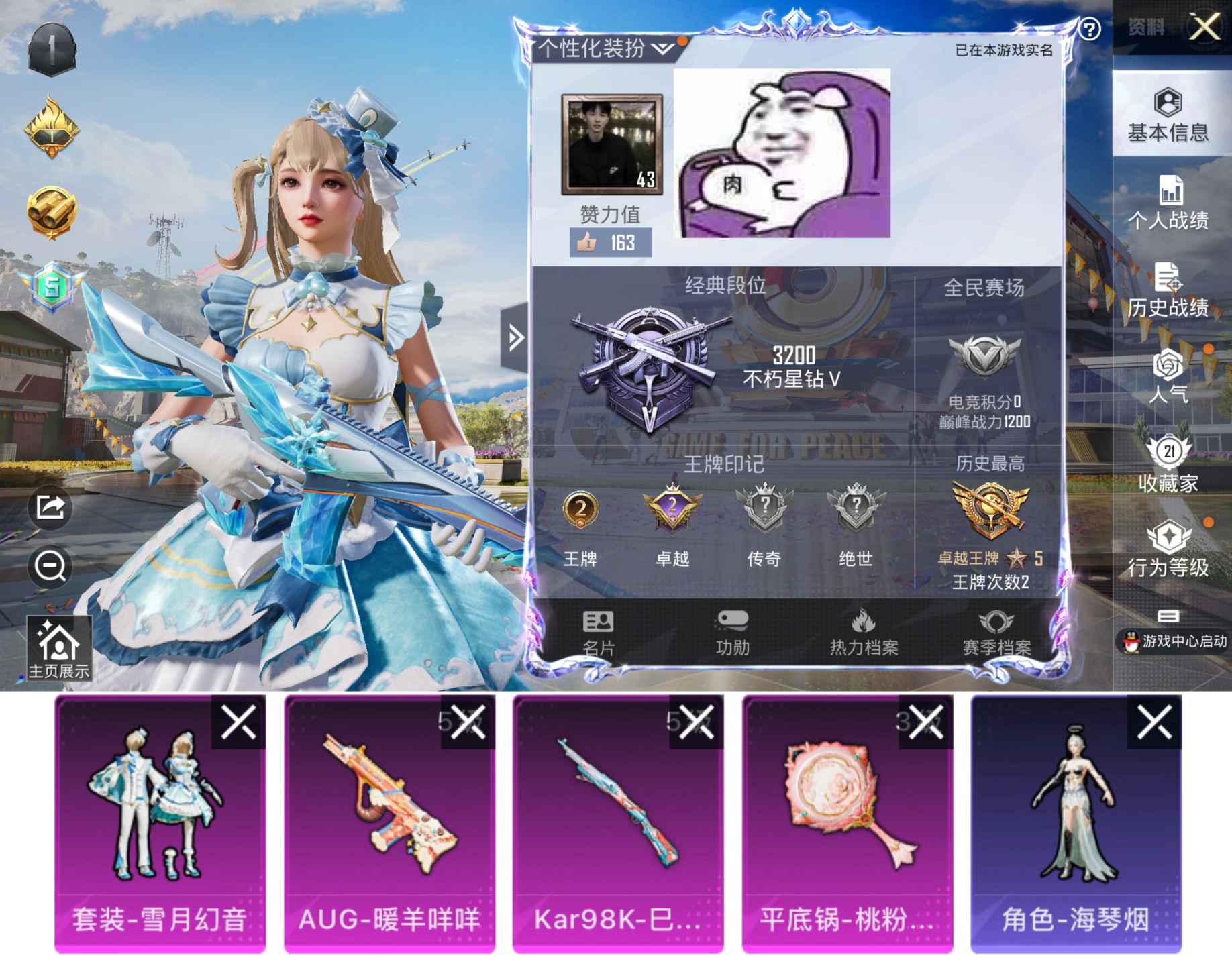 和平精英账号苹果QQDYH17201+ 【1粉2特 雪月幻音 】苹果Q-11308热力值 2王牌印记 历史卓越王牌5星 