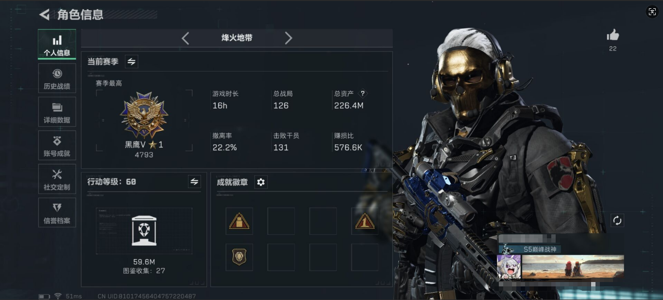 三角洲行动账号QQWLSJZ554三段互通Q-总资产226.4M-哈夫币41828K-烽火地带等级60-烽火地带段位：