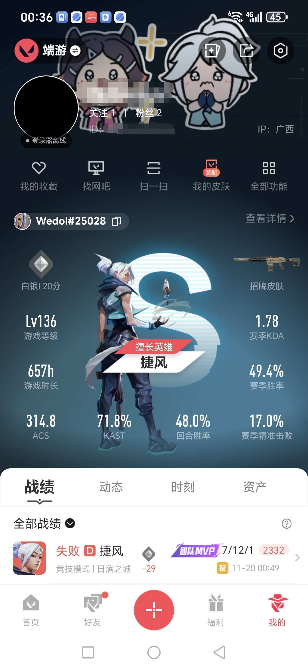 无畏契约账号QQMWW405【游戏等级】Lv136  【段位】 白银I 【R点】1,060 【皮肤总价值】20,25