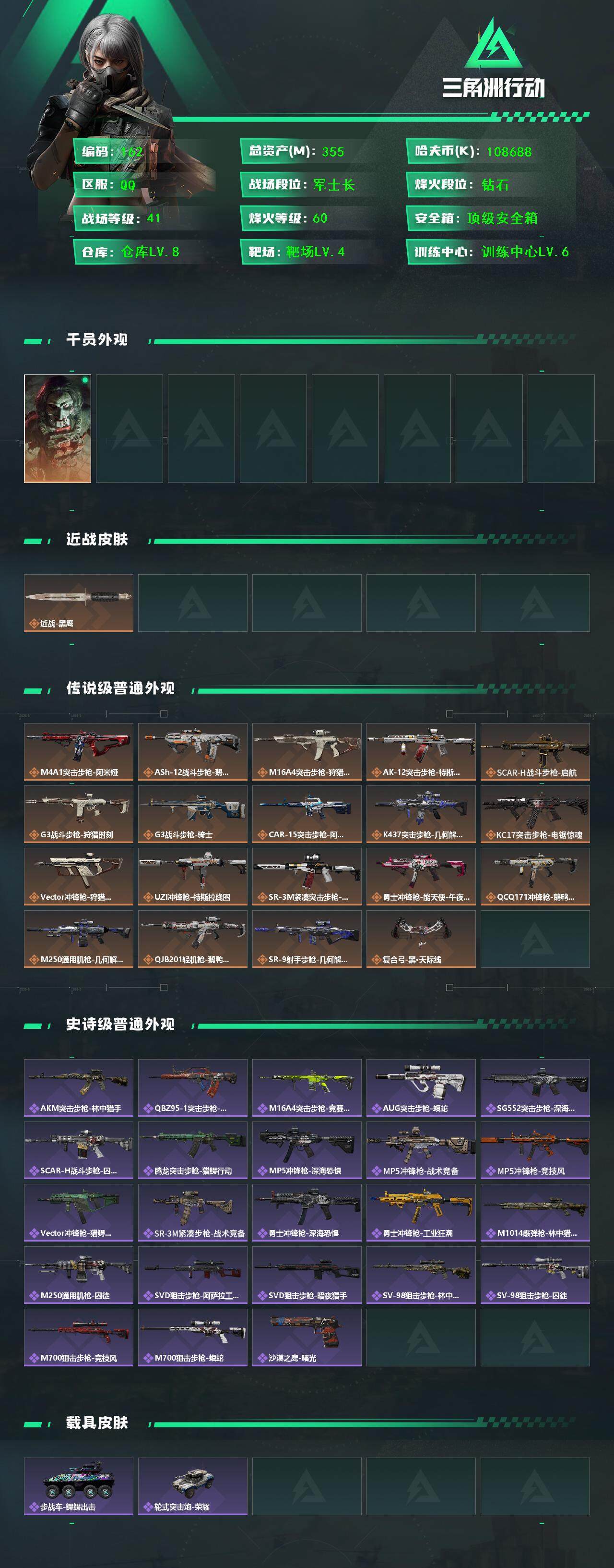 三角洲行动账号QQLSJ010+【总资产(M)】355.56
【哈夫币】108,688.88
【行动等级】60
【全面