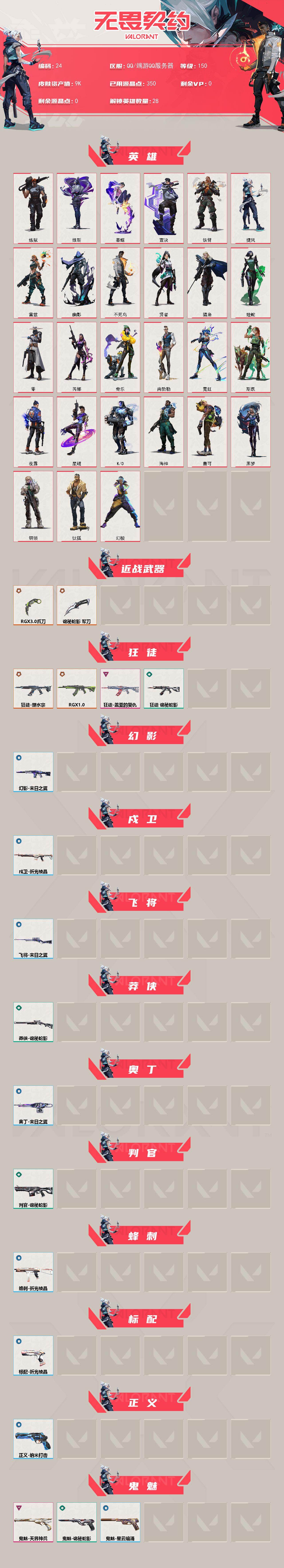 无畏契约账号QQWLWW531【游戏等级】Lv150  【段位】 未定级 【R点】350 【皮肤总价值】9,040 