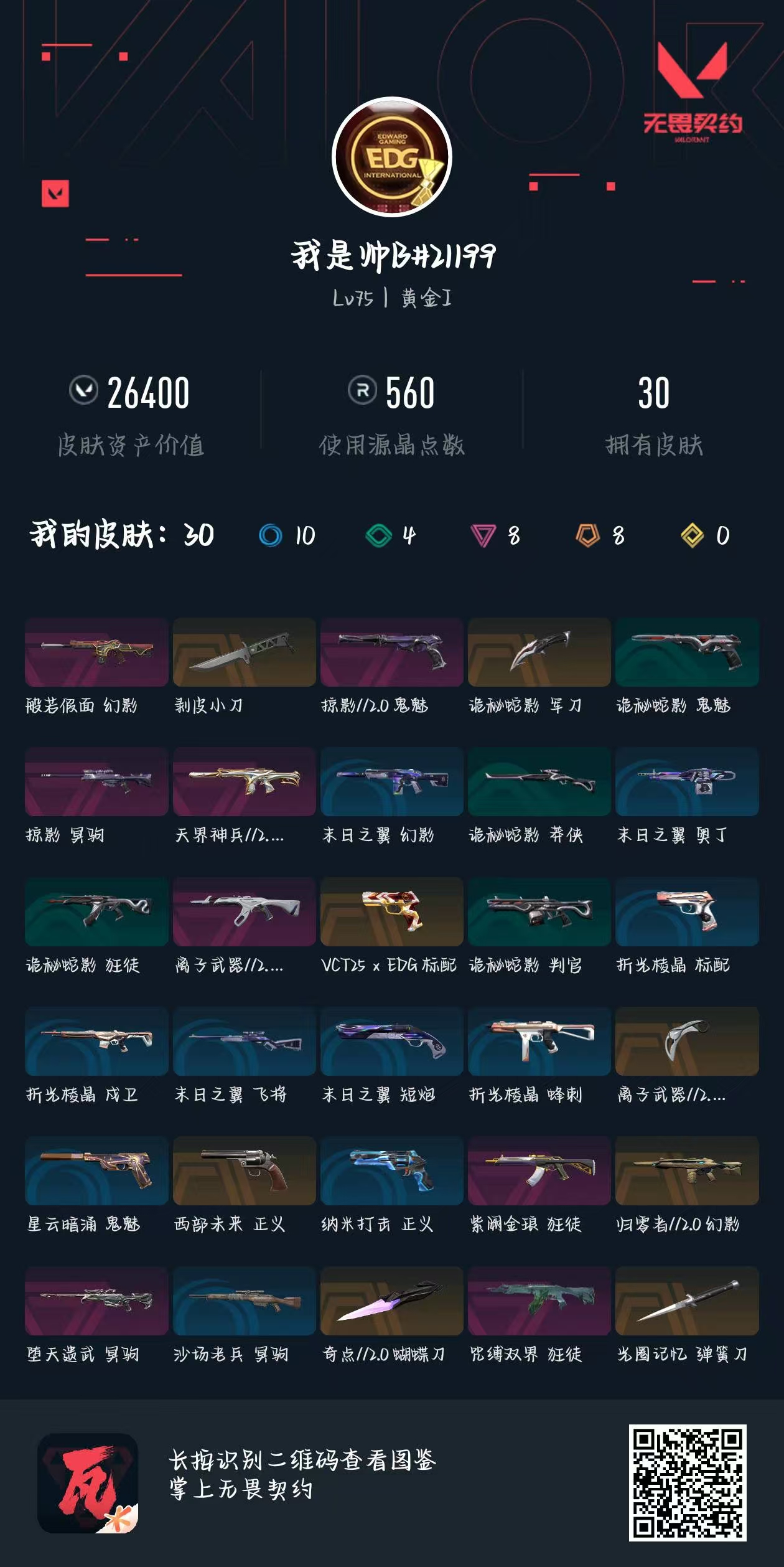 无畏契约账号QQLWW005+【游戏等级】Lv75  【段位】 黄金I 【R点】560 【皮肤总价值】26,400 