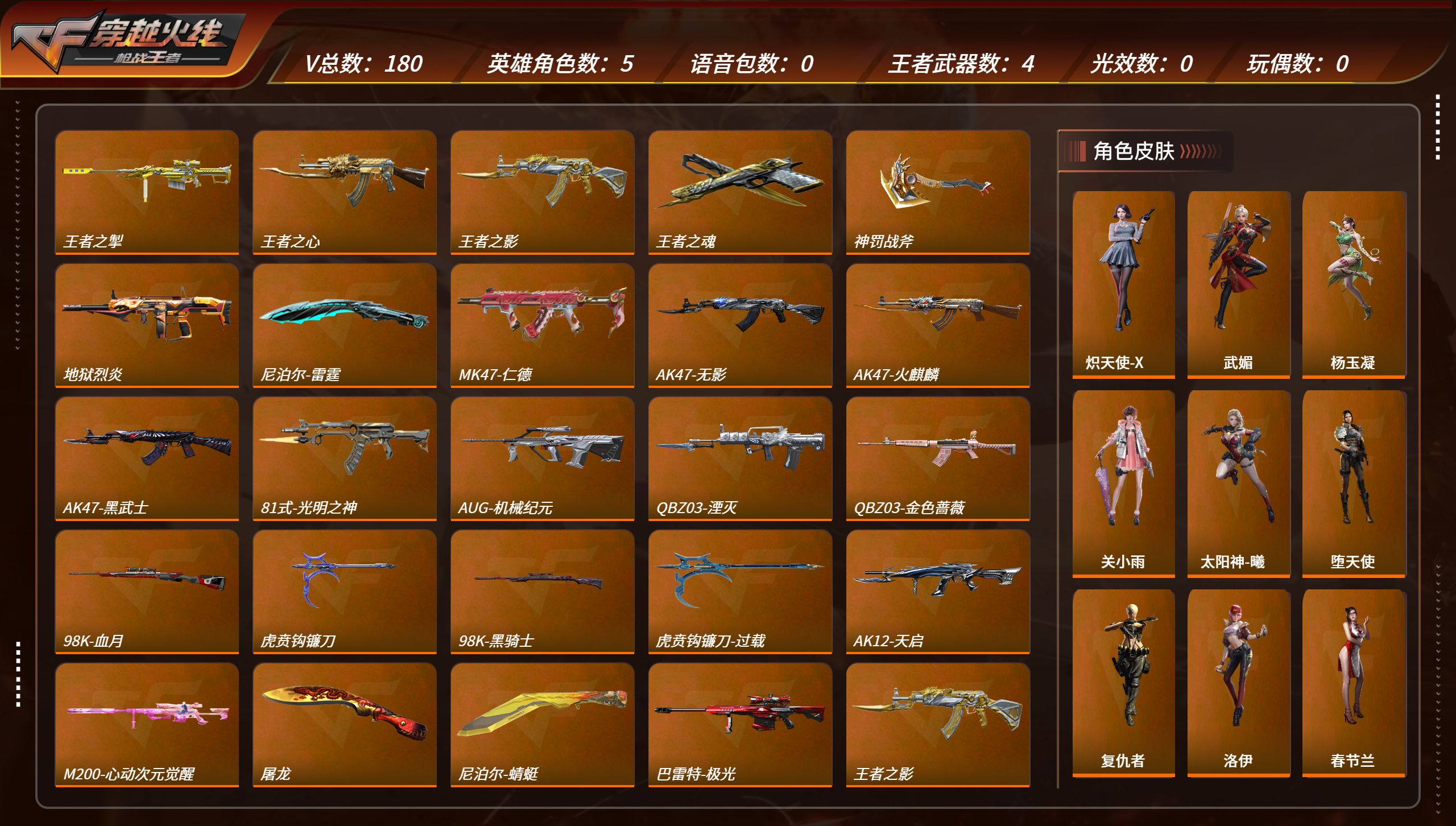 枪战王者账号安卓QQTZ2856【V6 V180 王者之擊 47-仁德 王者之心 王者之影 王者之尊 威震天】【等级】9