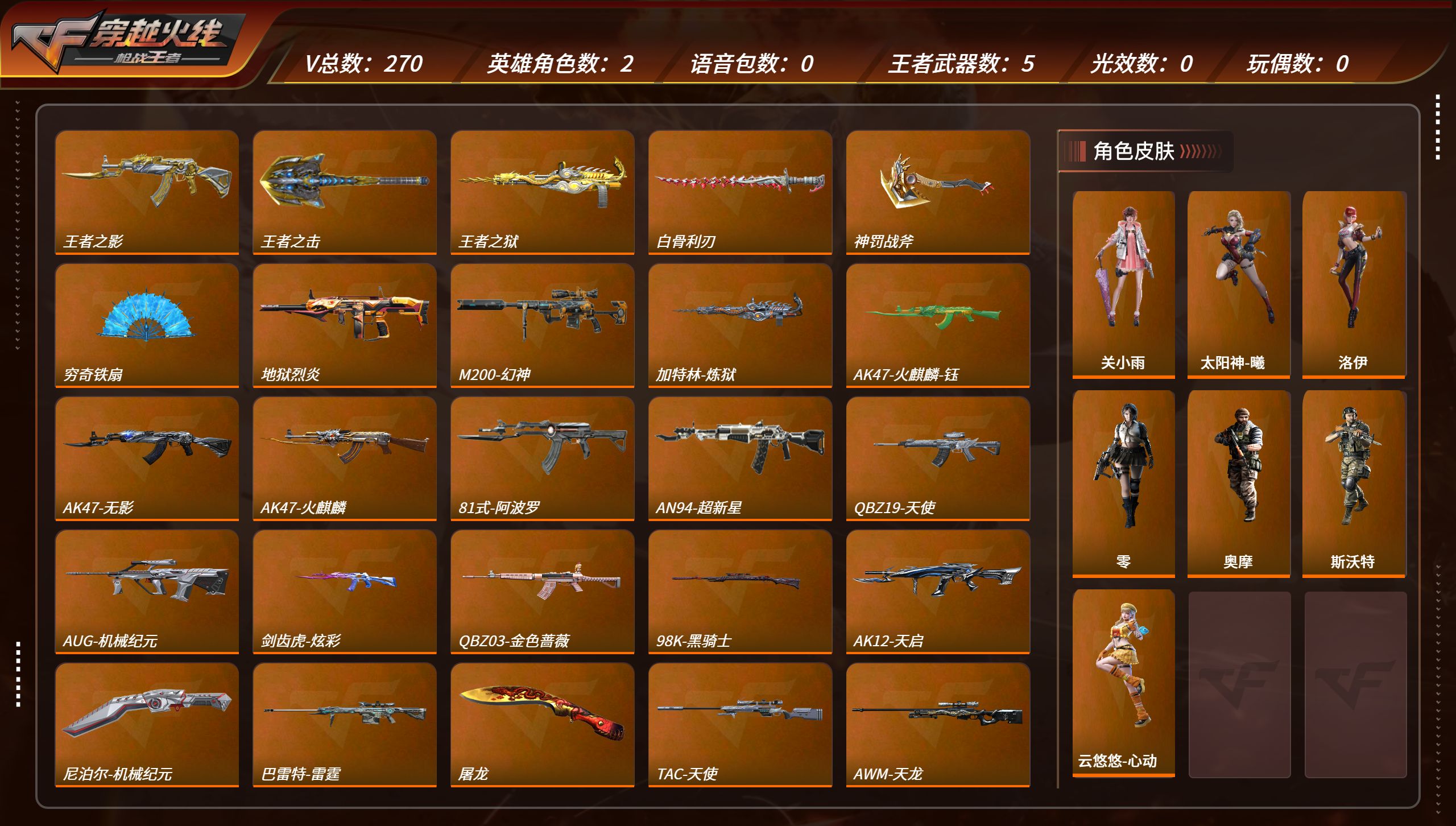 枪战王者账号苹果QQTZ2891【V6 270V 王者之击-冰霜奇迹 王者之狱/霆/影/尊 盖 孟获 仲康 幻神 逆骨】