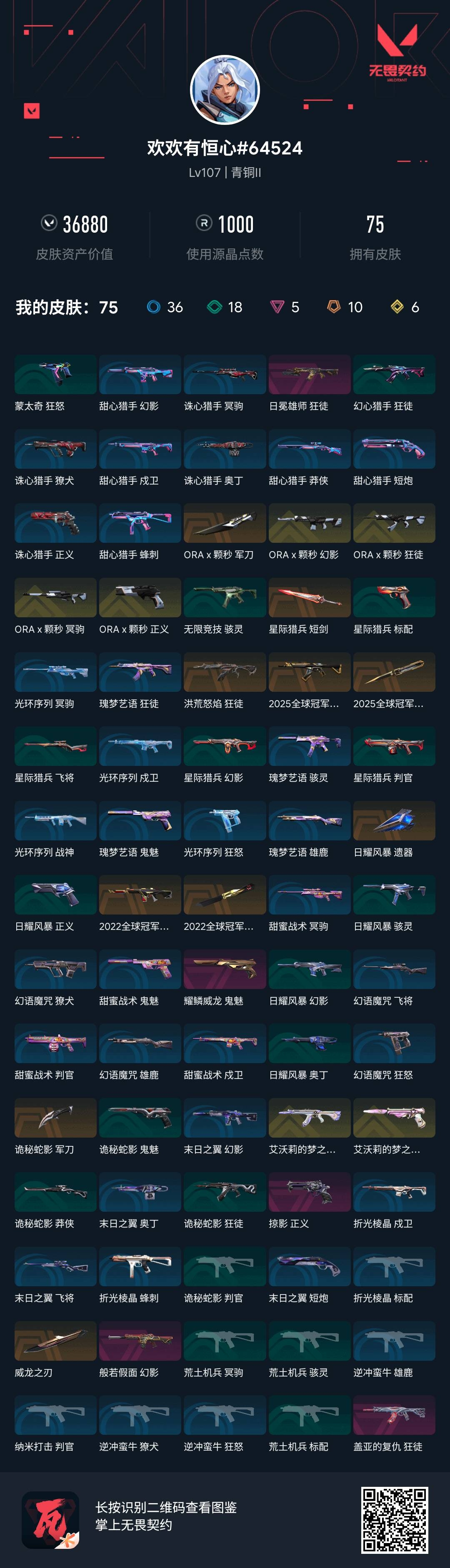 无畏契约账号QQWLWW541【皮肤价值36880 25冠军 22冠军 颗秒套 青铜2】无二次【游戏等级】Lv108