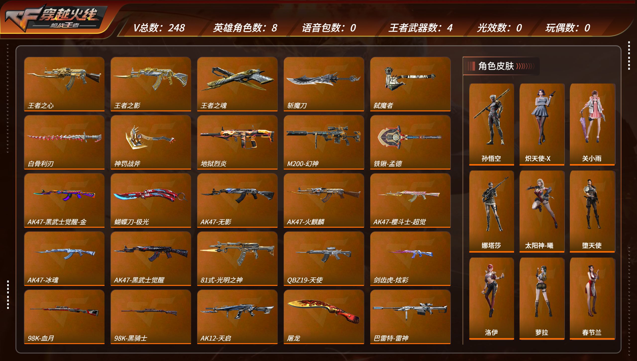 枪战王者账号苹果QQTZ2980【V5 248V m200幻神 王者之心 王者之影 王者之尊 王者之誉】【等级】121【