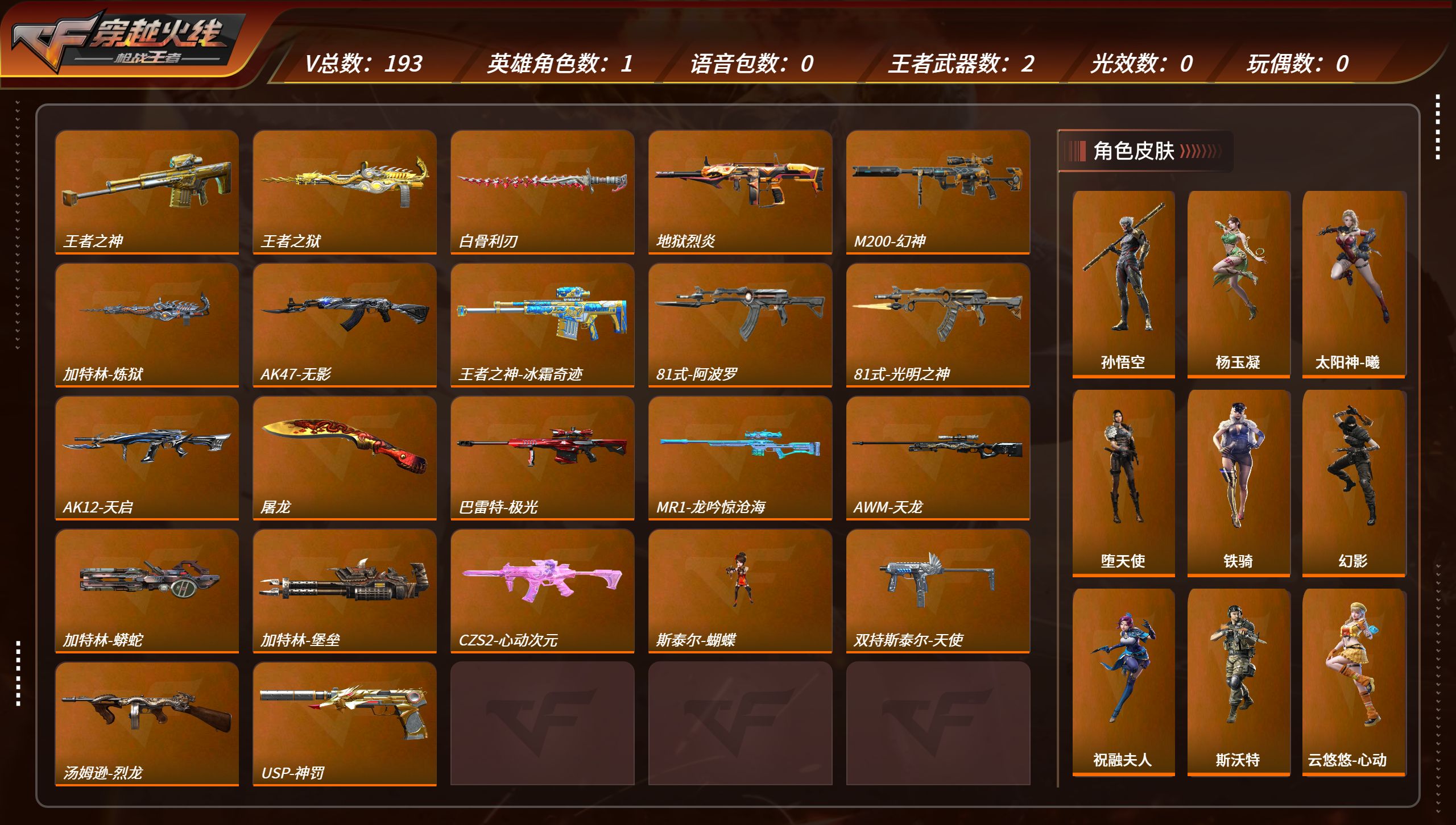 枪战王者账号安卓QQTZ2986[V5 王神冰皮  王誉、狱、M200-幻神  193V]【等级】103【区服】手Q-安