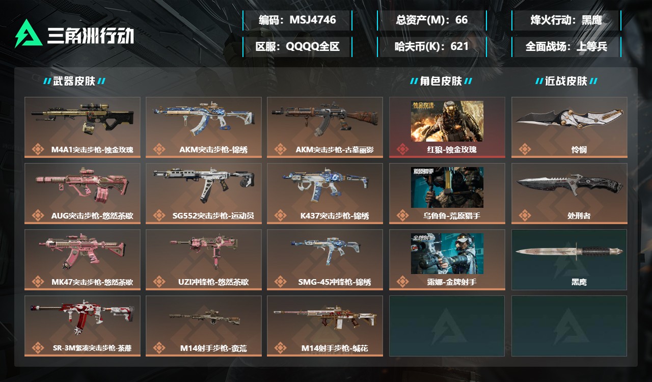 三角洲行动账号QQ"三端互通-总价值65M-哈夫币621010-烽火地带等级60-烽火地带【干员皮肤】红狼-蚀金玫瑰 