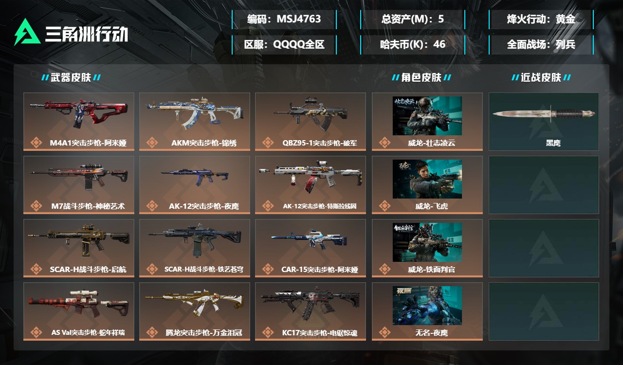 三角洲行动账号QQMSJ4763三端互通-总价值5M-哈夫币46.14-烽火地带等级60-烽火地带【干员皮肤】无名-夜