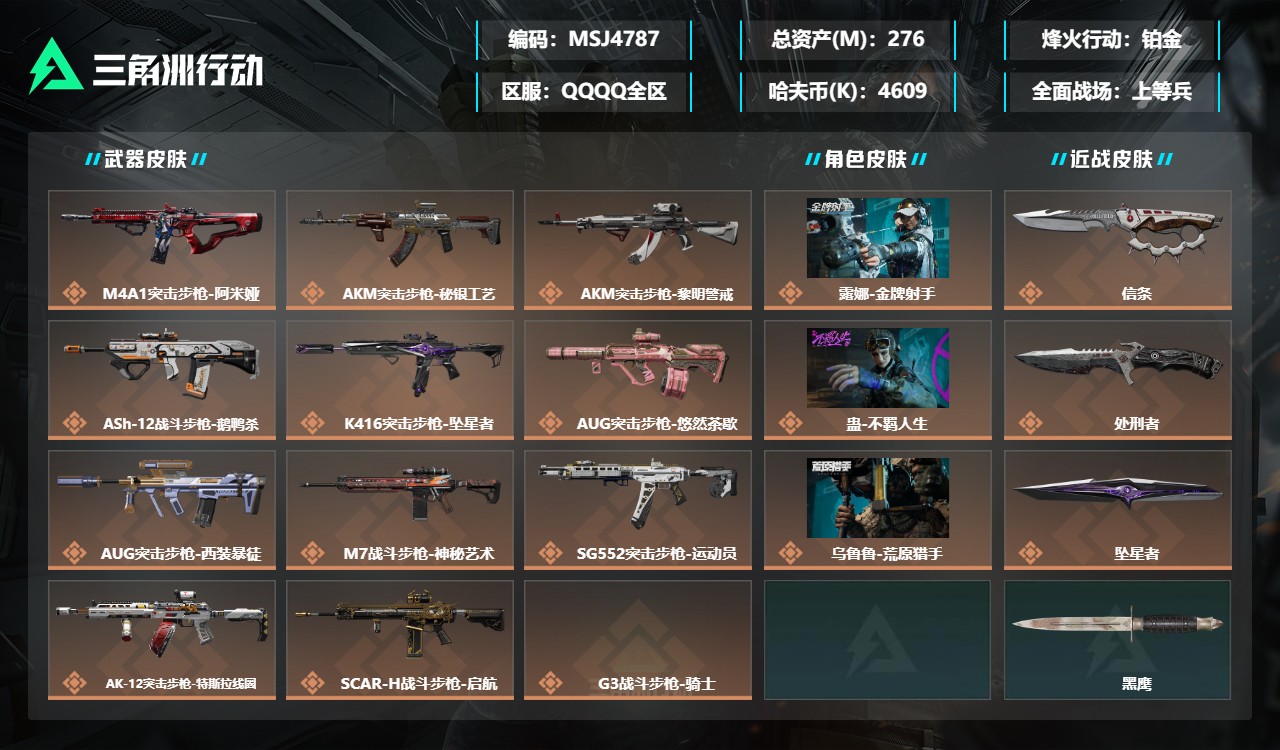 三角洲行动账号QQMSJ4787【仓库价值276.8M 哈夫币4609K 34传说枪 干员 不羁人生 荒原猎手 金牌射
