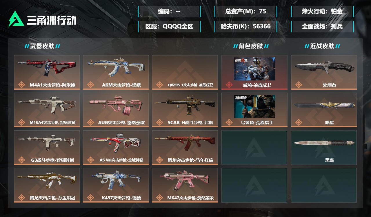 三角洲行动账号QQMSJ4812【总资产75.8M 哈夫币56366k 干员 凌霄戍卫 荒原猎手 典藏枪 MP7冲锋枪