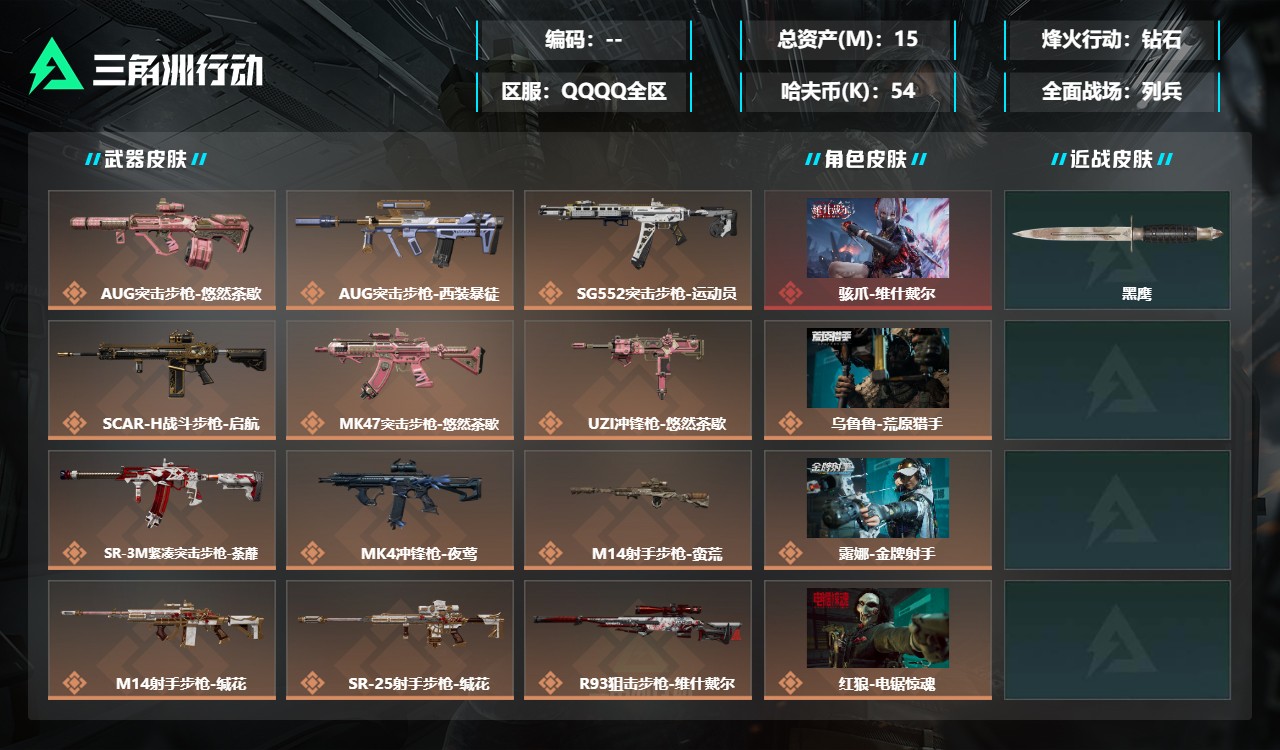 三角洲行动账号QQMSJ4814【总资产(M)】15.79【哈夫币】54k【行动等级】60【烽火地带段位】钻石【干员皮