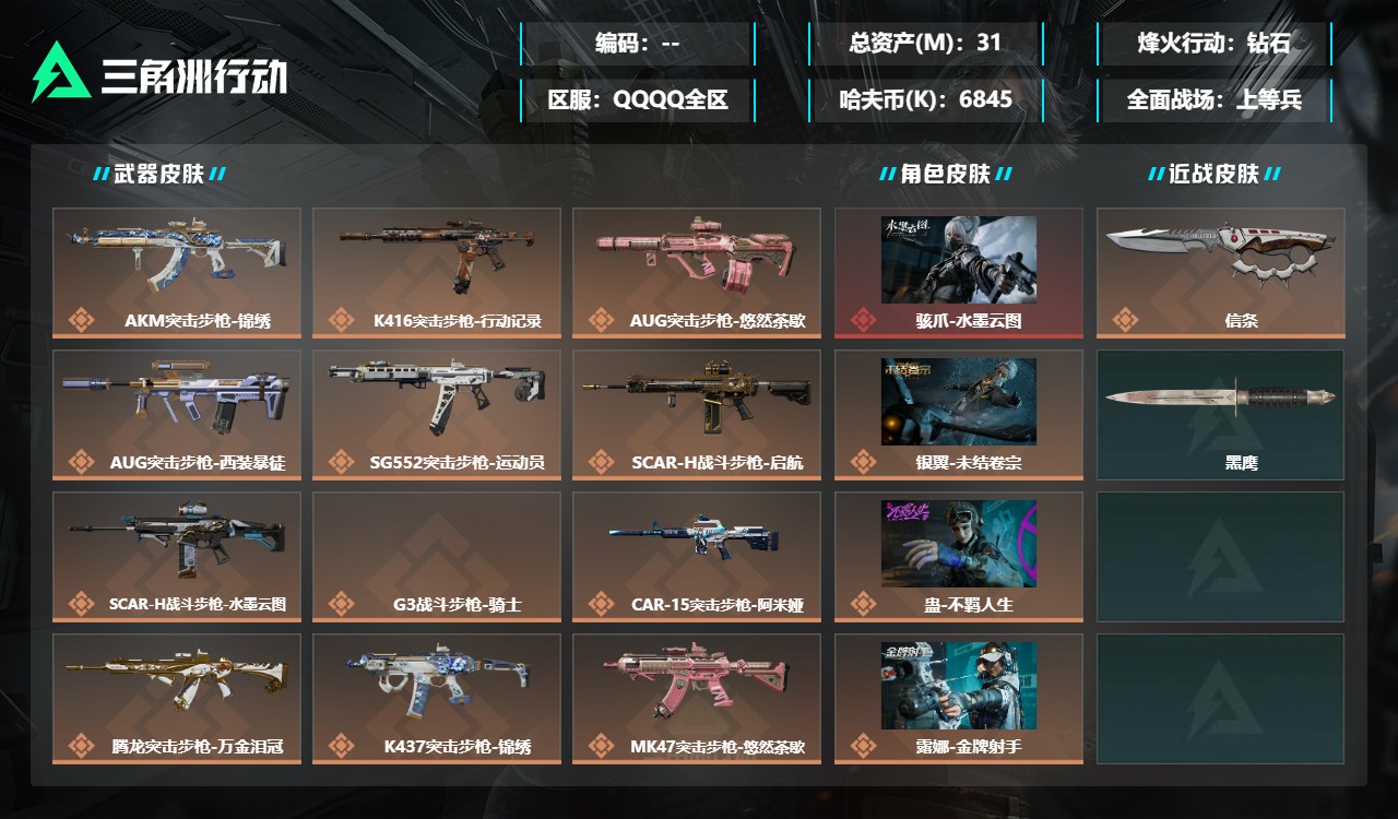 三角洲行动账号QQMSJ4824三端互通-总价值31M-哈夫币6845k-烽火地带等级60-烽火地带【干员皮肤】银翼-