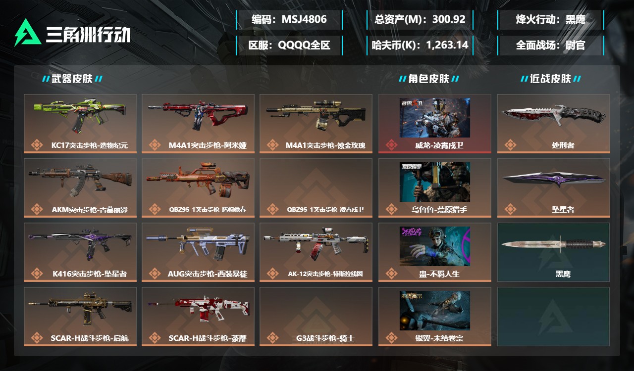 三角洲行动账号QQMSJ4806【仓库价值299.1M 哈夫币1263K  KC17突击步枪优品A 干员 凌霄戍卫 不