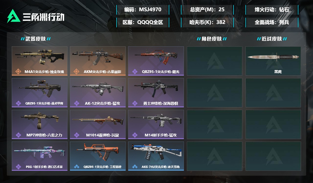 三角洲行动账号QQMSJ4970【总资产(M)】25.54【哈夫币】382k【行动等级】60【烽火地带段位】钻石【近战