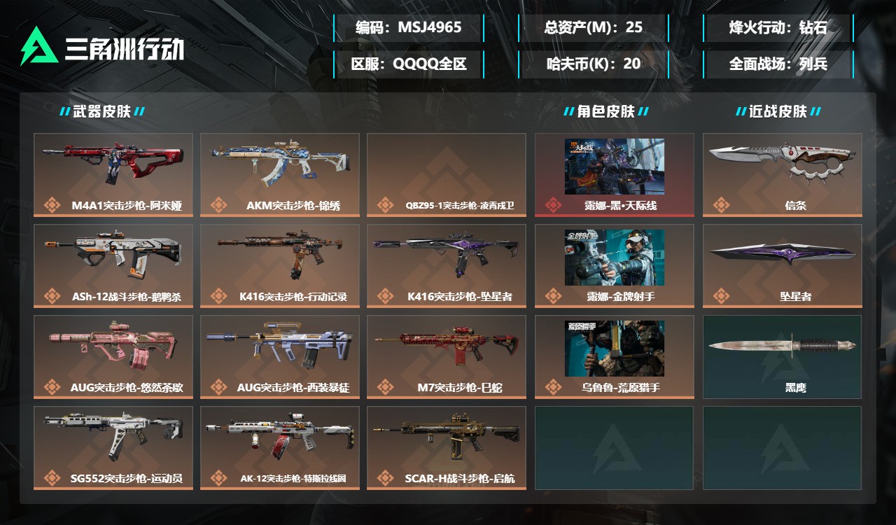 三角洲行动账号QQMSJ4965三端互通-总价值25M-哈夫币204661-烽火地带等级60-烽火地带【干员皮肤】露娜