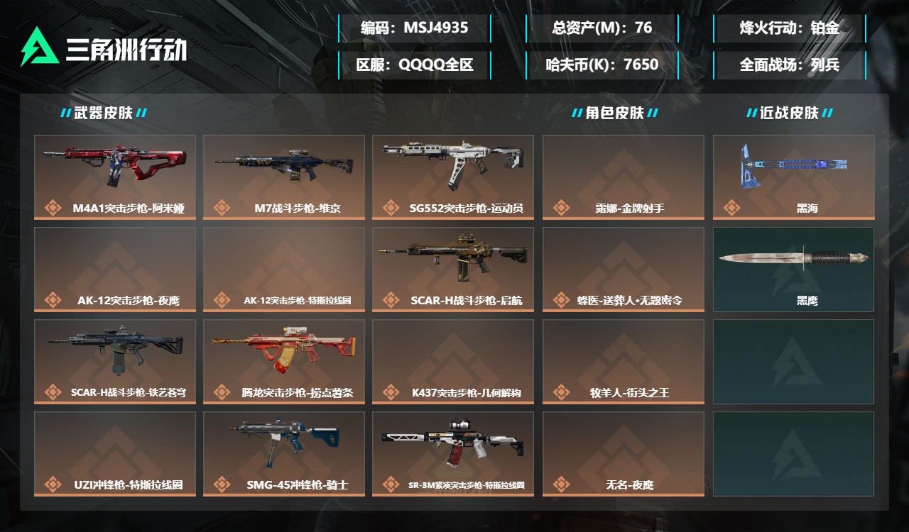 三角洲行动账号QQMSJ4935三端互通-总价值76M-哈夫币7650k-烽火地带等级60-烽火地带【干员皮肤】露娜-