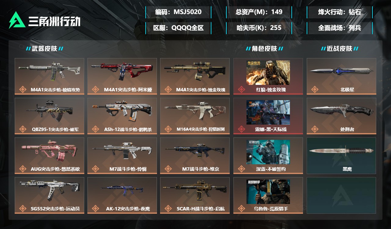 三角洲行动账号QQMSJ5020【砖皮：M4-棱镜攻势优品B 美杜莎-优品S】【总资产(M)】149.02【哈夫币】2