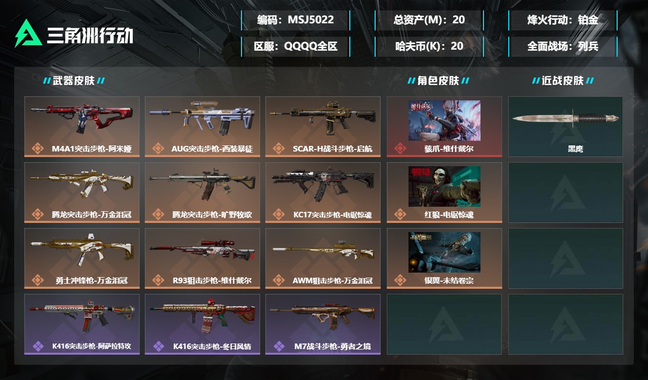 三角洲行动账号QQMSJ5022三端互通-总价值20M-哈夫币209.05-烽火地带等级60-烽火地带【干员皮肤】红狼